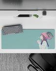 32x12 inches pastel teal and blush anime mouse pad, calm cozy winter vibe, gentle smile, soft comfort.