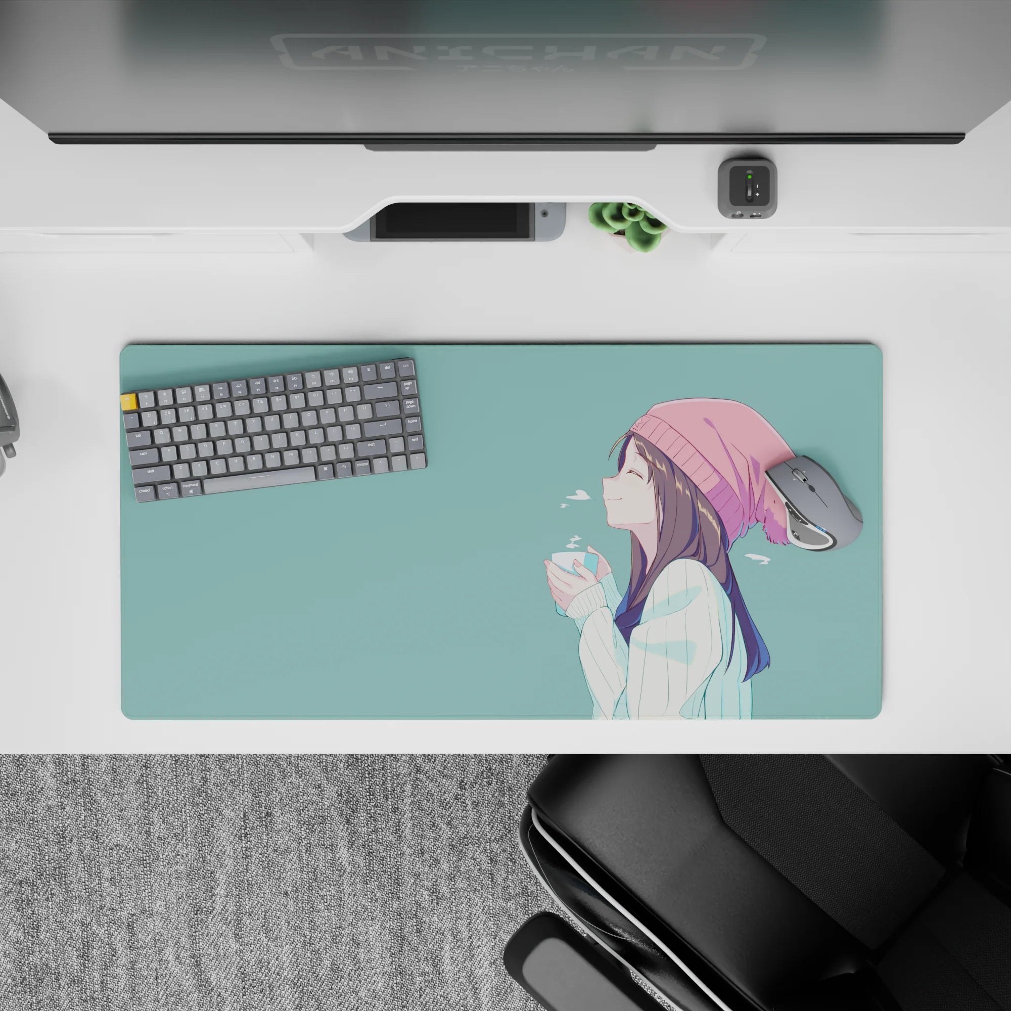 32x16 inches pastel teal anime mouse pad in soft, calm tones with a comforting, minimal vibe for work or gaming.