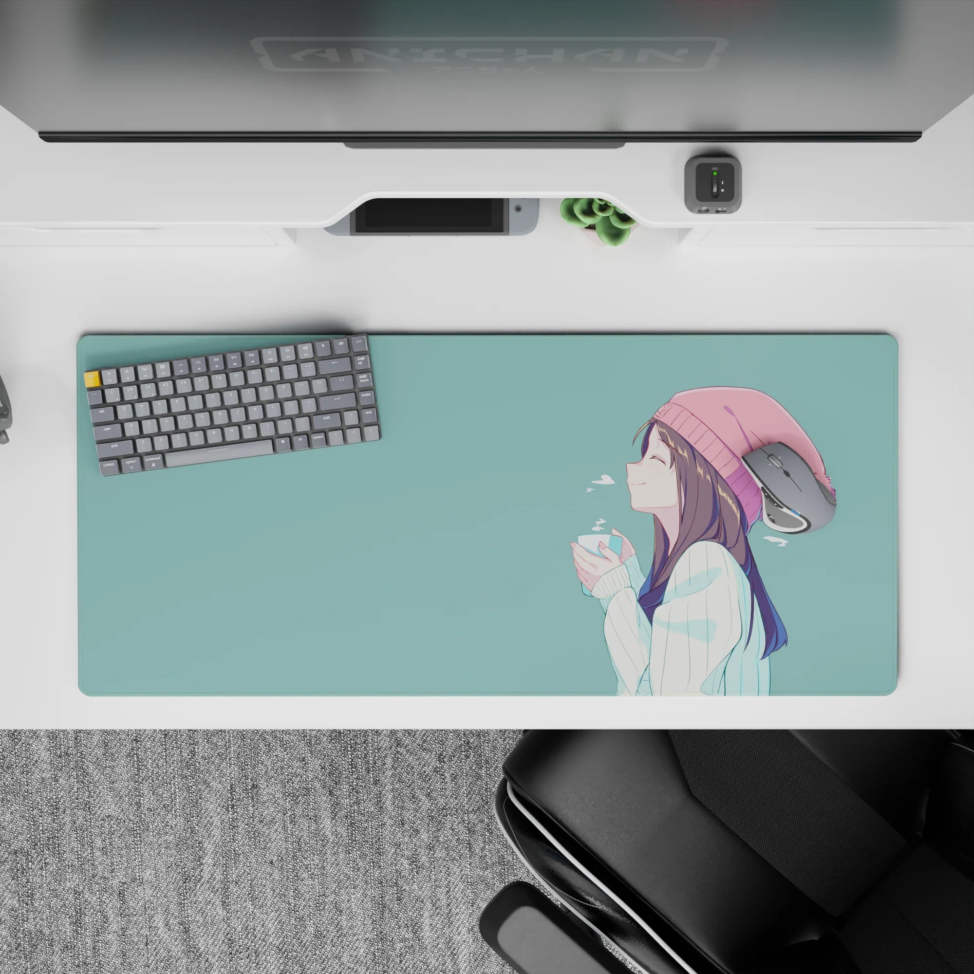 36x16 inches pastel teal and blush anime desk pad, calm cozy vibe with clean lines for work or gaming.
