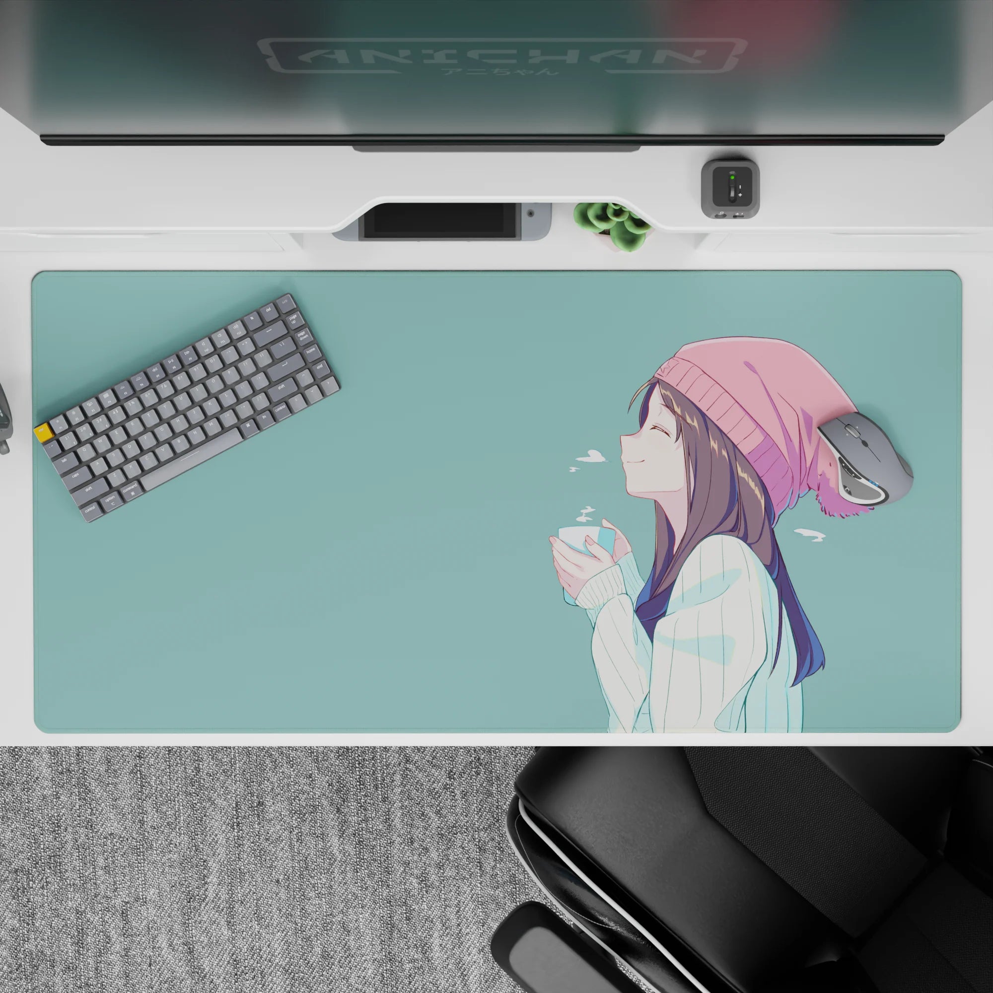 Pastel teal anime desk pad 40x20 inches, soft winter comfort vibe with gentle blush accents and calm feel.