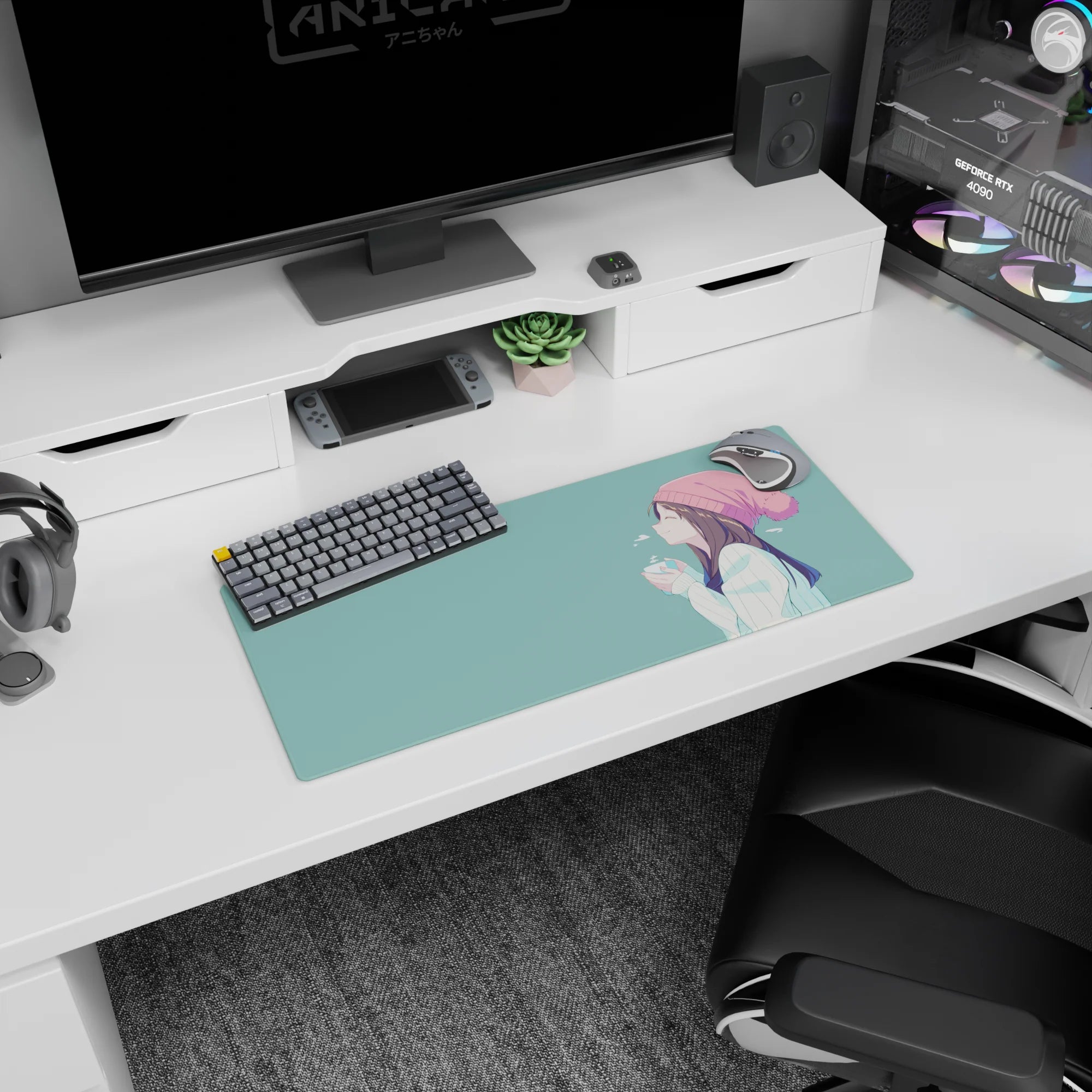 28x12 inches anime girl mouse pad showing a smiling girl in a blush beanie holding a warm cup in winter.