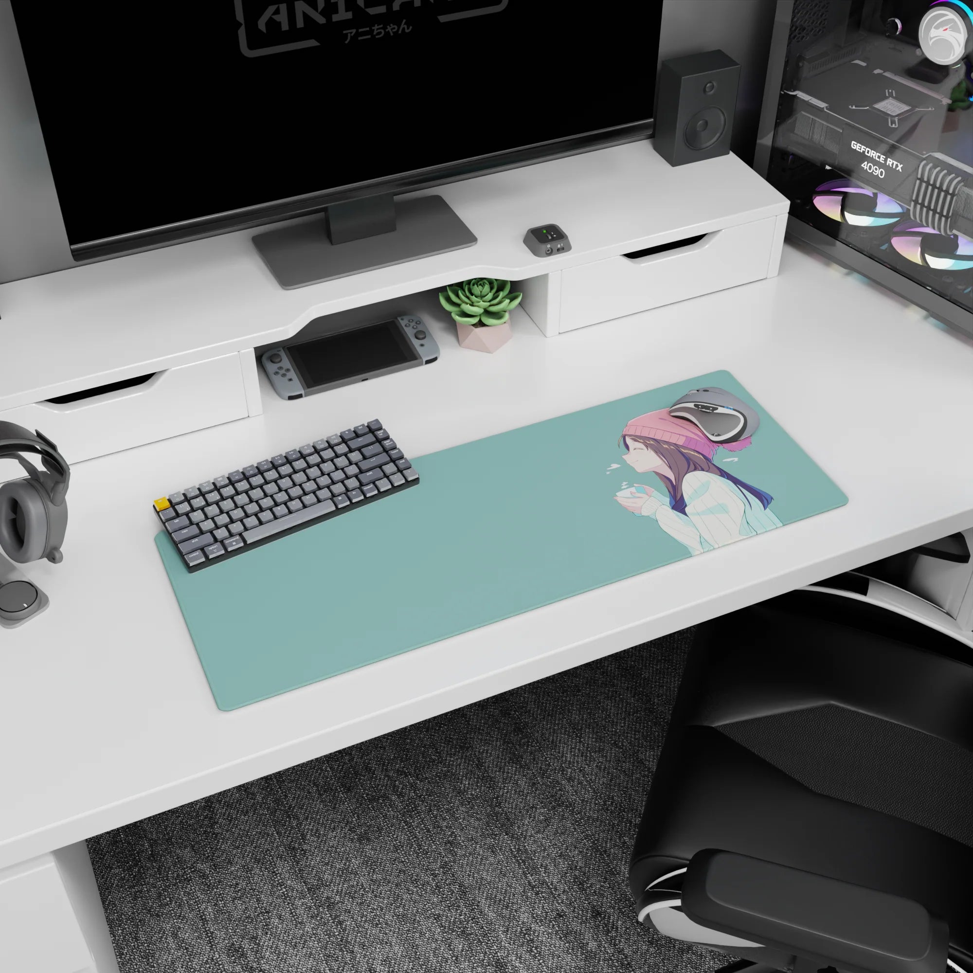 32x12 inches extended mouse pad showing anime girl in a blush beanie sipping hot drink on a teal backdrop.