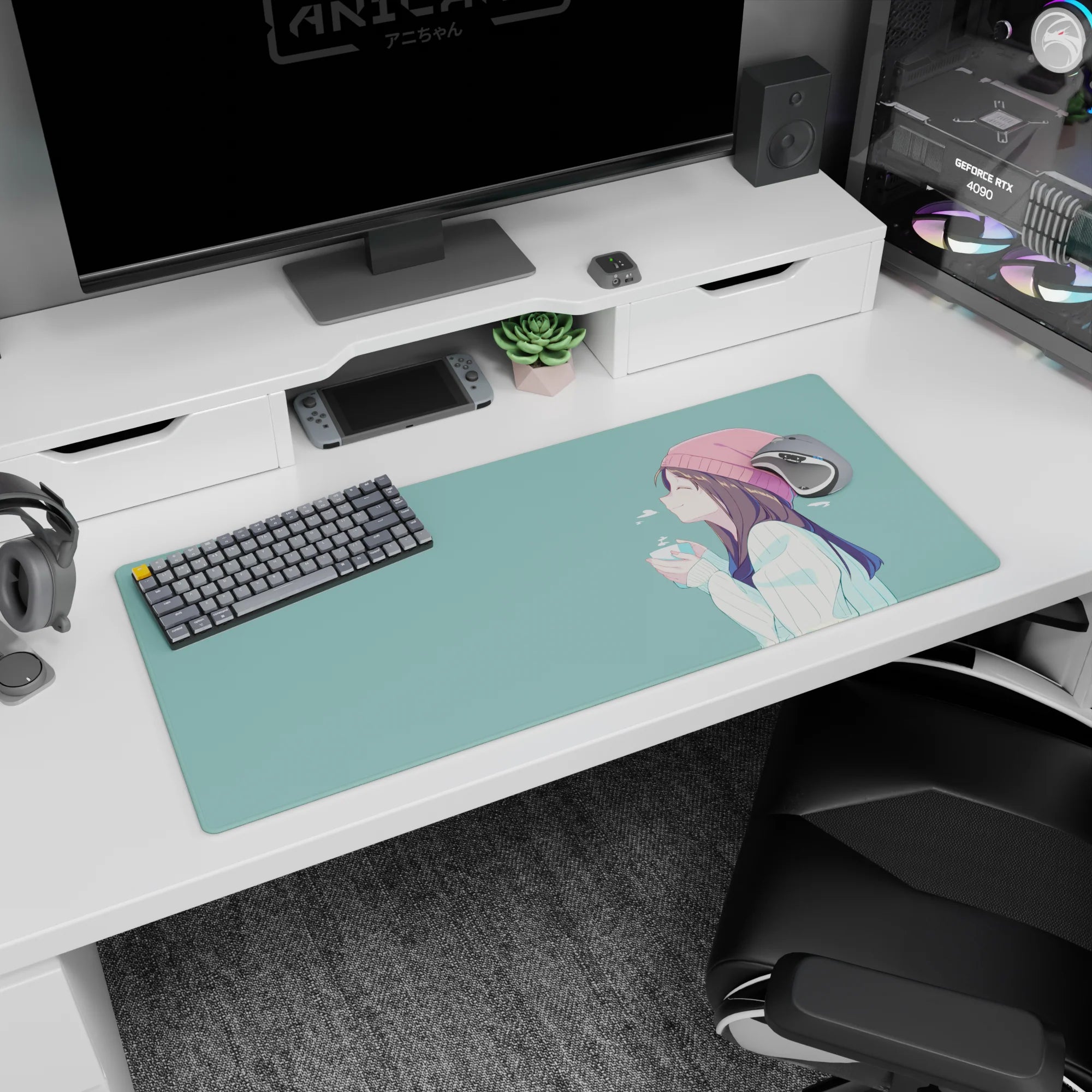 36x16 inches anime girl mouse pad showing a soft smile in a blush beanie, holding a warm cup.