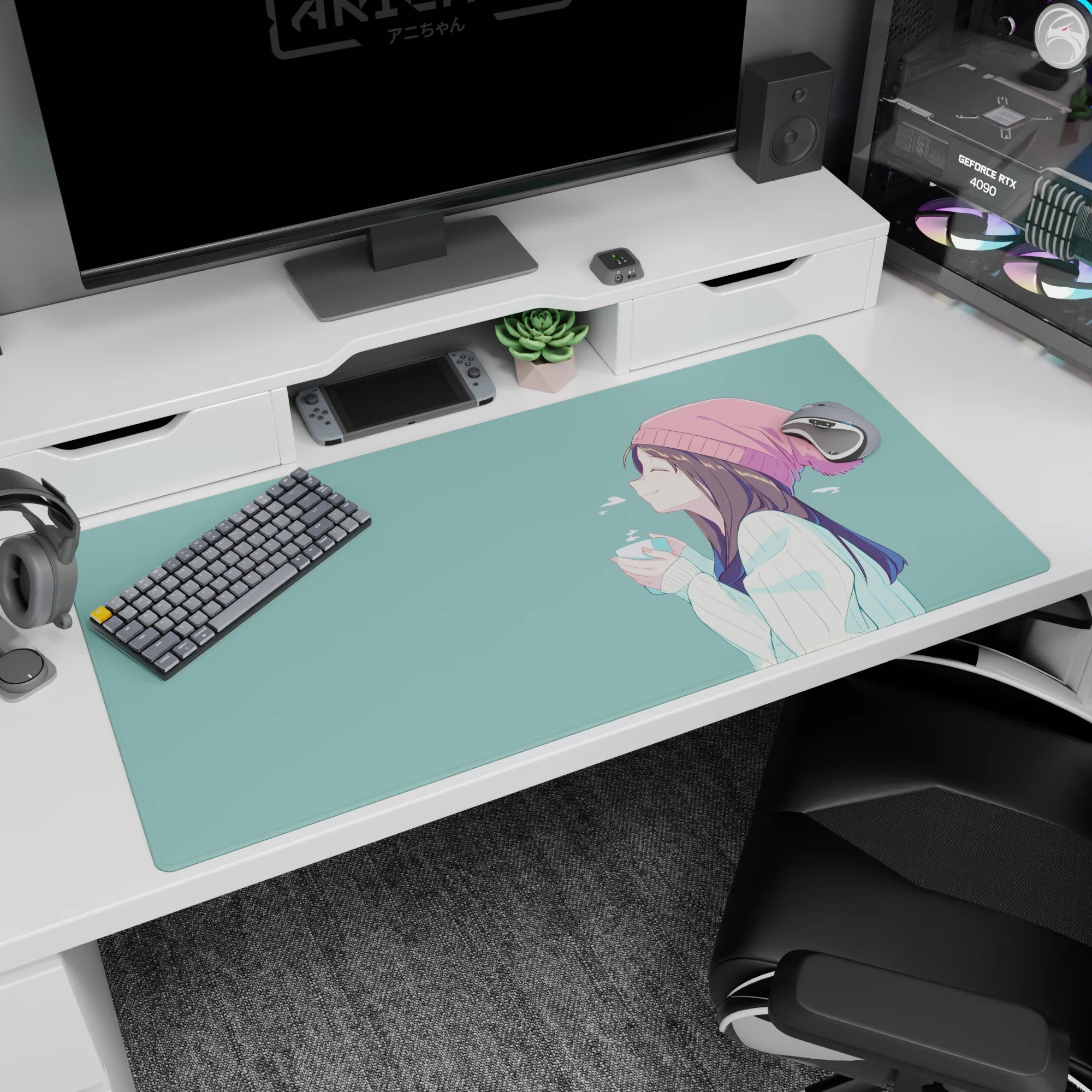 Anime girl in blush beanie holding a warm cup on a 40x20 inches desk pad, serene side view in teal.