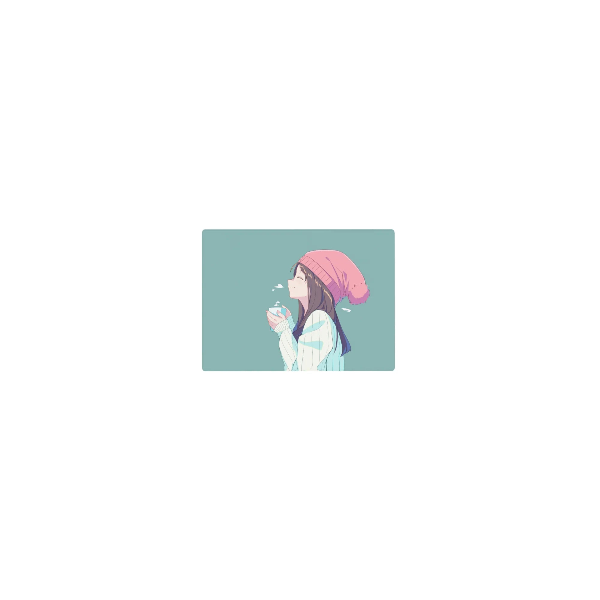 Classic anime girl mouse pad 14x10 inches with side-profile girl in blush beanie holding a warm cup.
