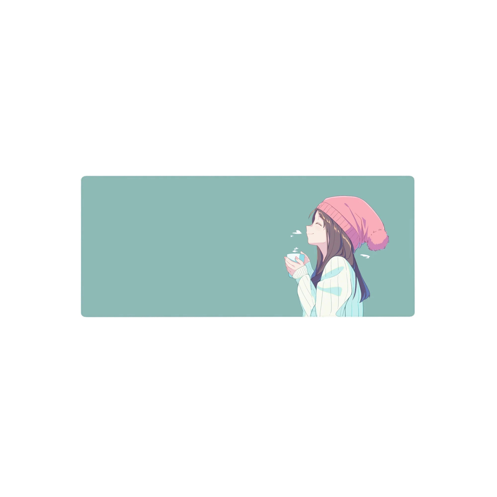 28x12 inches anime girl mouse pad with pastel side-profile art, blush beanie, and cozy winter cup.