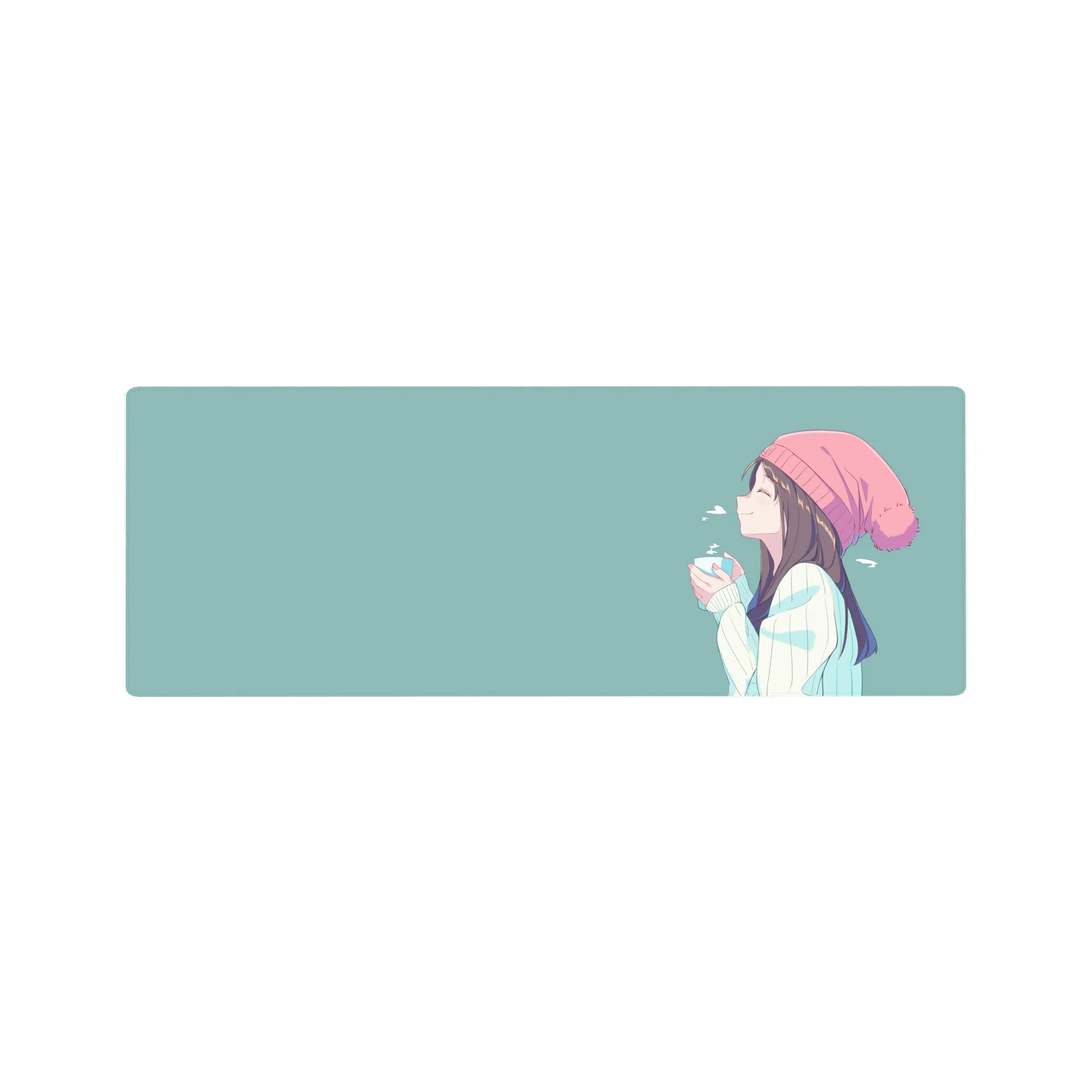 32x12 inches anime girl mouse pad with pastel side-profile girl in beanie holding a warm cup, clean lines.