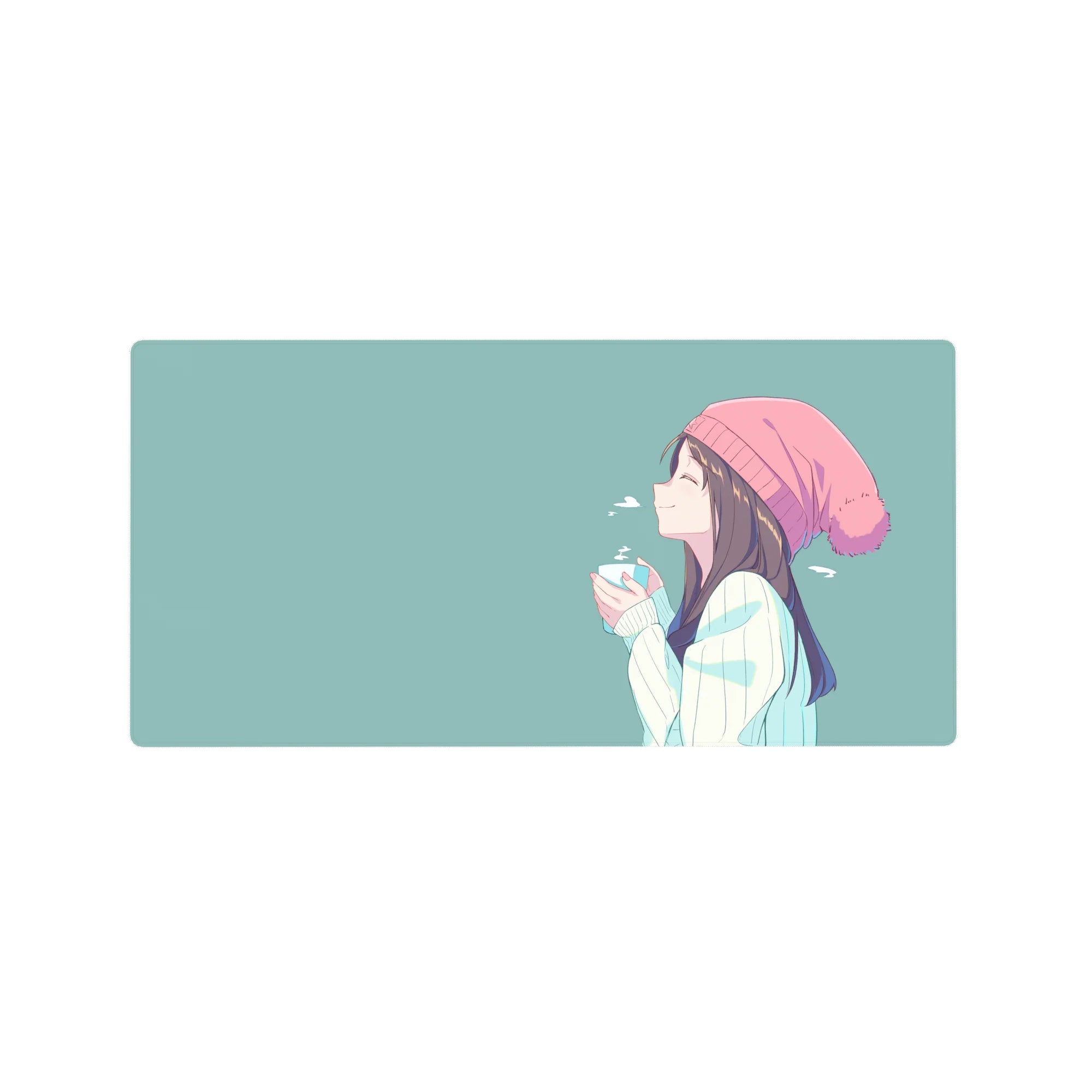 32x16 inches anime girl mouse pad with side-profile character, blush beanie, and cozy winter desk aesthetic.