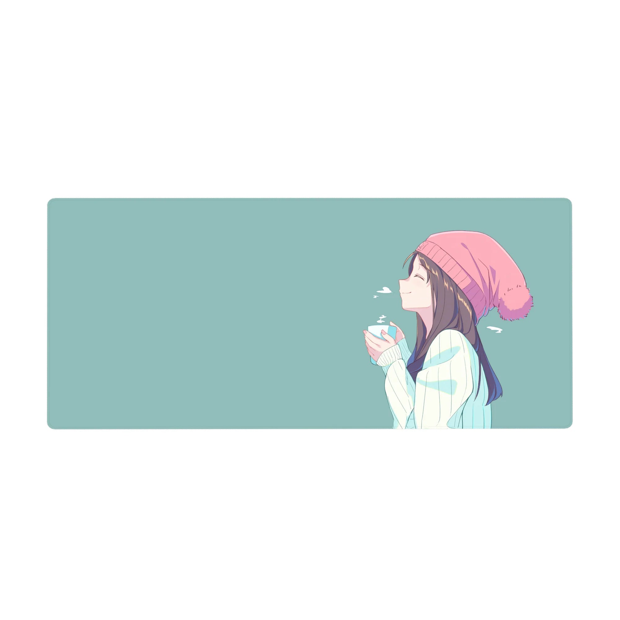 36x16 inches anime girl desk pad with cozy winter side-profile, beanie, and warm cup illustration.