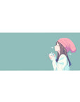 36x16 inches anime girl desk pad with cozy winter side-profile, beanie, and warm cup illustration.