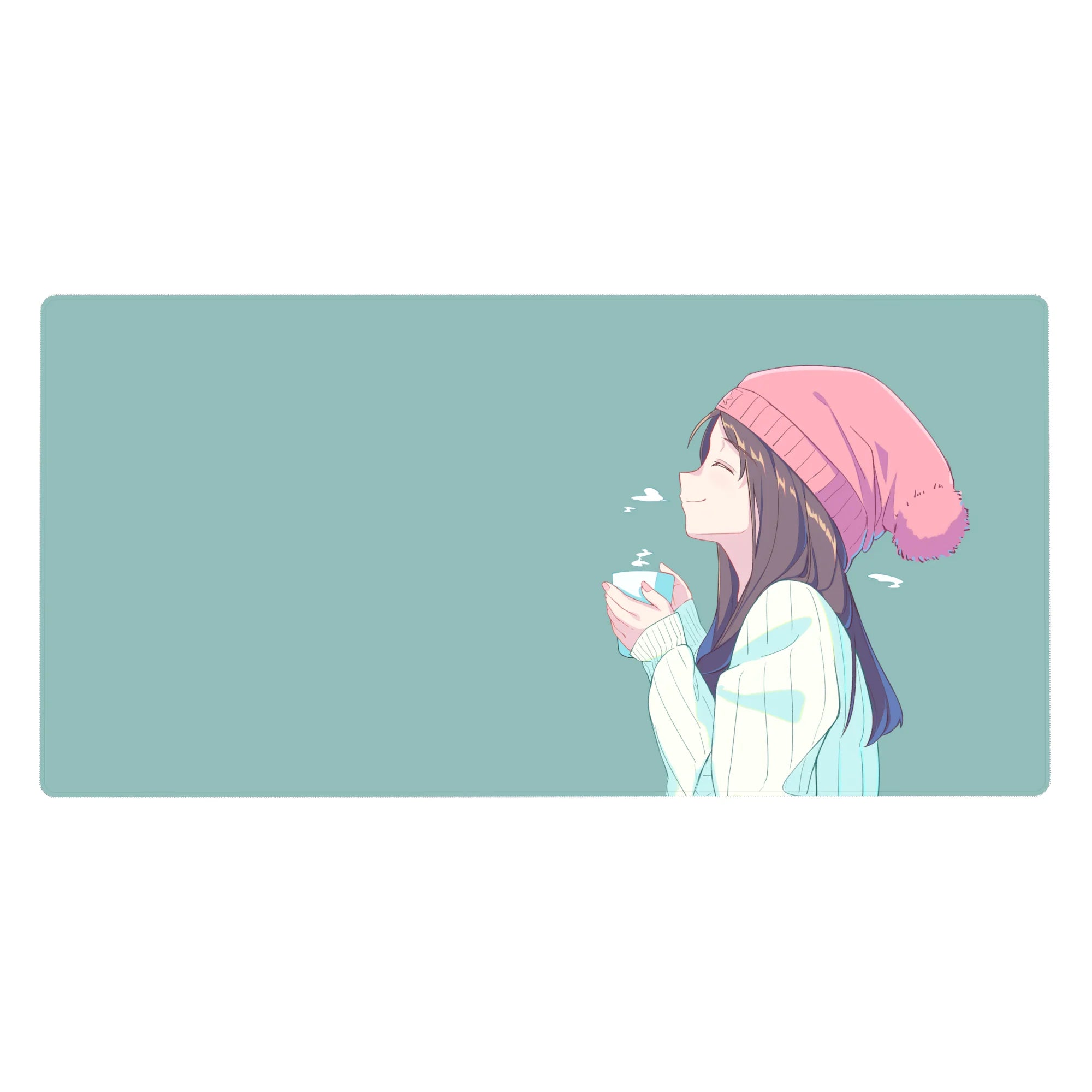 Anime girl desk pad 40x20 inches with side-profile smile, blush beanie, and cozy cup, clean lines.