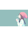 Anime girl desk pad 40x20 inches with side-profile smile, blush beanie, and cozy cup, clean lines.
