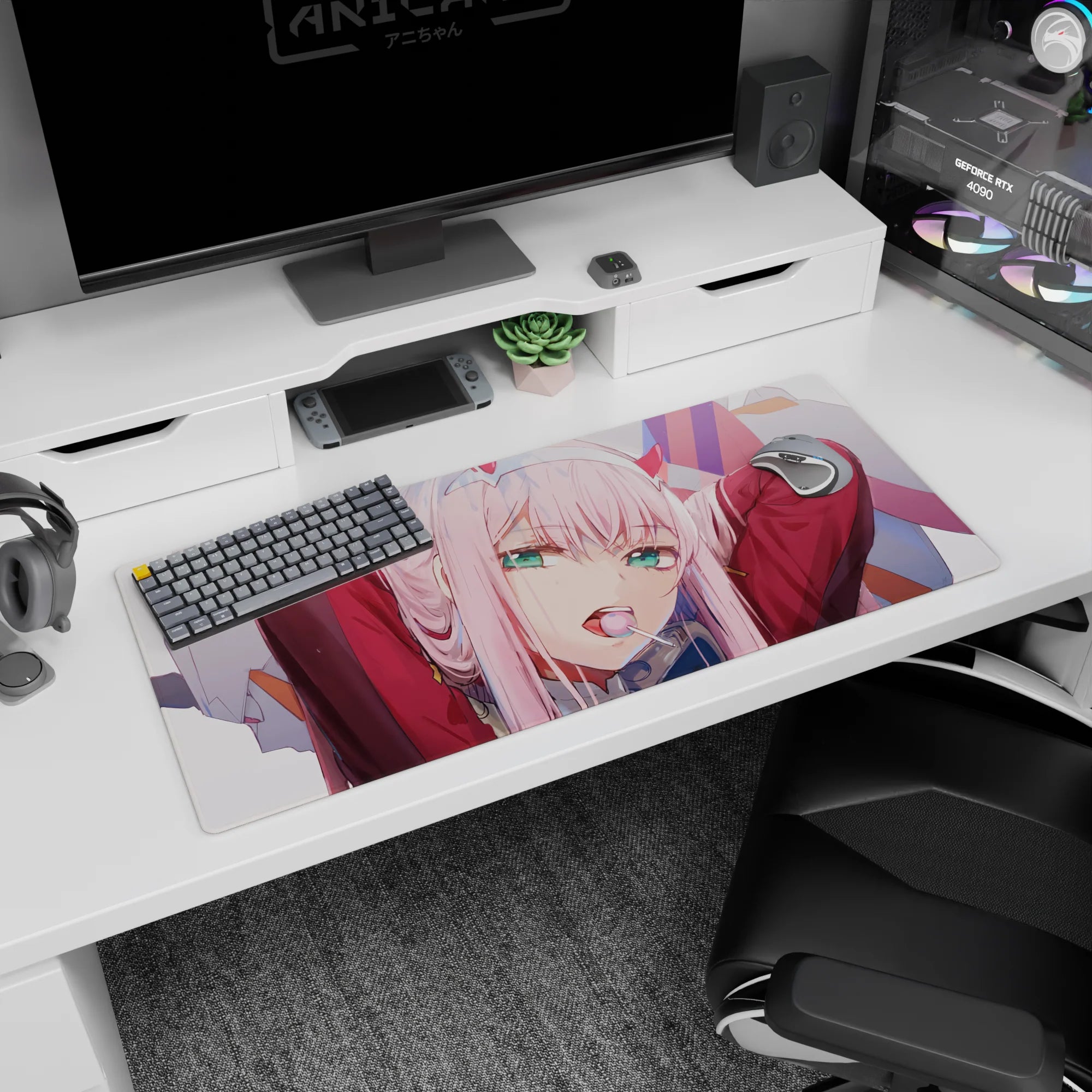 Artistic 36x16 inches desk pad featuring Zero Two from Darling in the Franxx, blending soft pink tones with her bold, unforgettable expression.