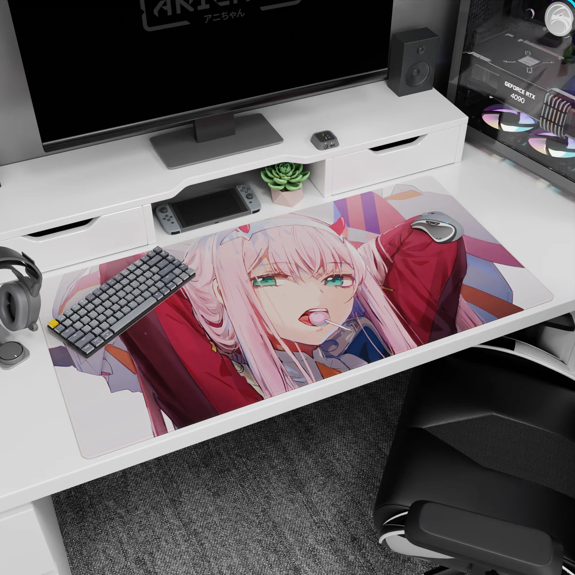 Large 40x20 inches desk pad featuring Zero Two from Darling in the Franxx, blending soft pink hues with her rebellious, unforgettable energy.