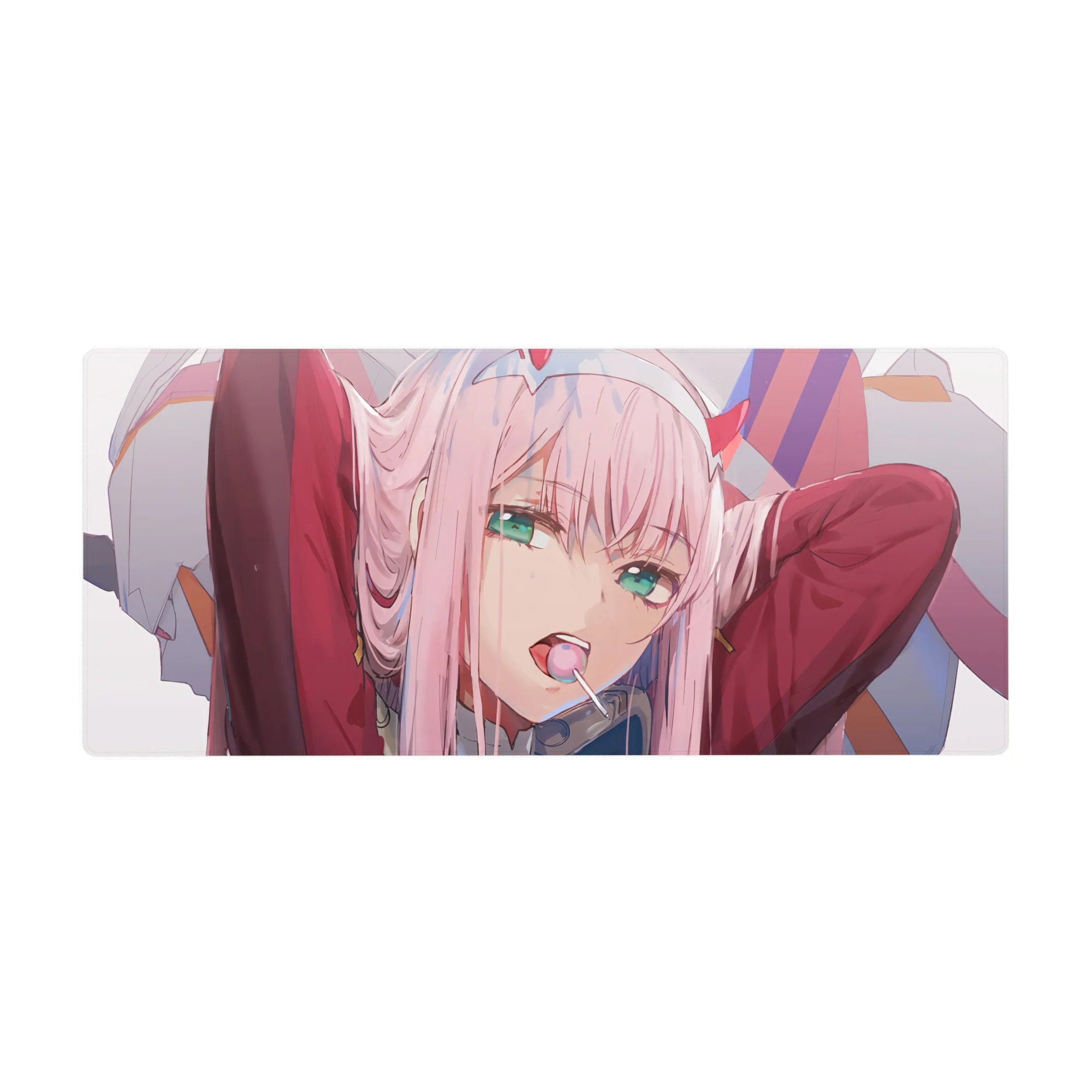 Desk pad featuring Zero Two from Darling in the Franxx, 36x16 inches, with her lollipop and daring expression, capturing her bold spirit.