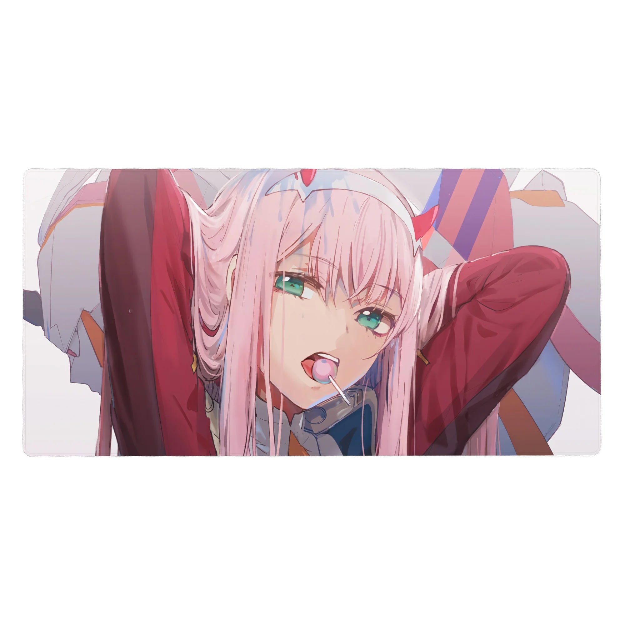 Desk pad featuring Zero Two from Darling in the Franxx, 40x20 inches, with her signature lollipop and daring expression.