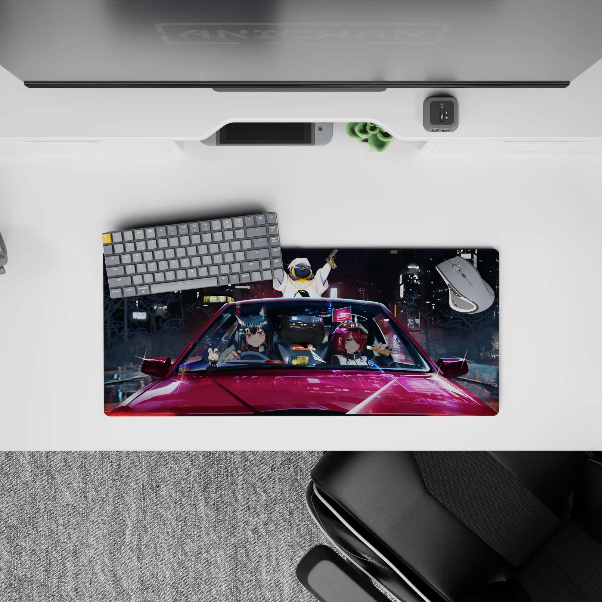 28x12 inches anime mouse pad in blue, magenta, and gold neon glow, late-night arcade racing vibe.