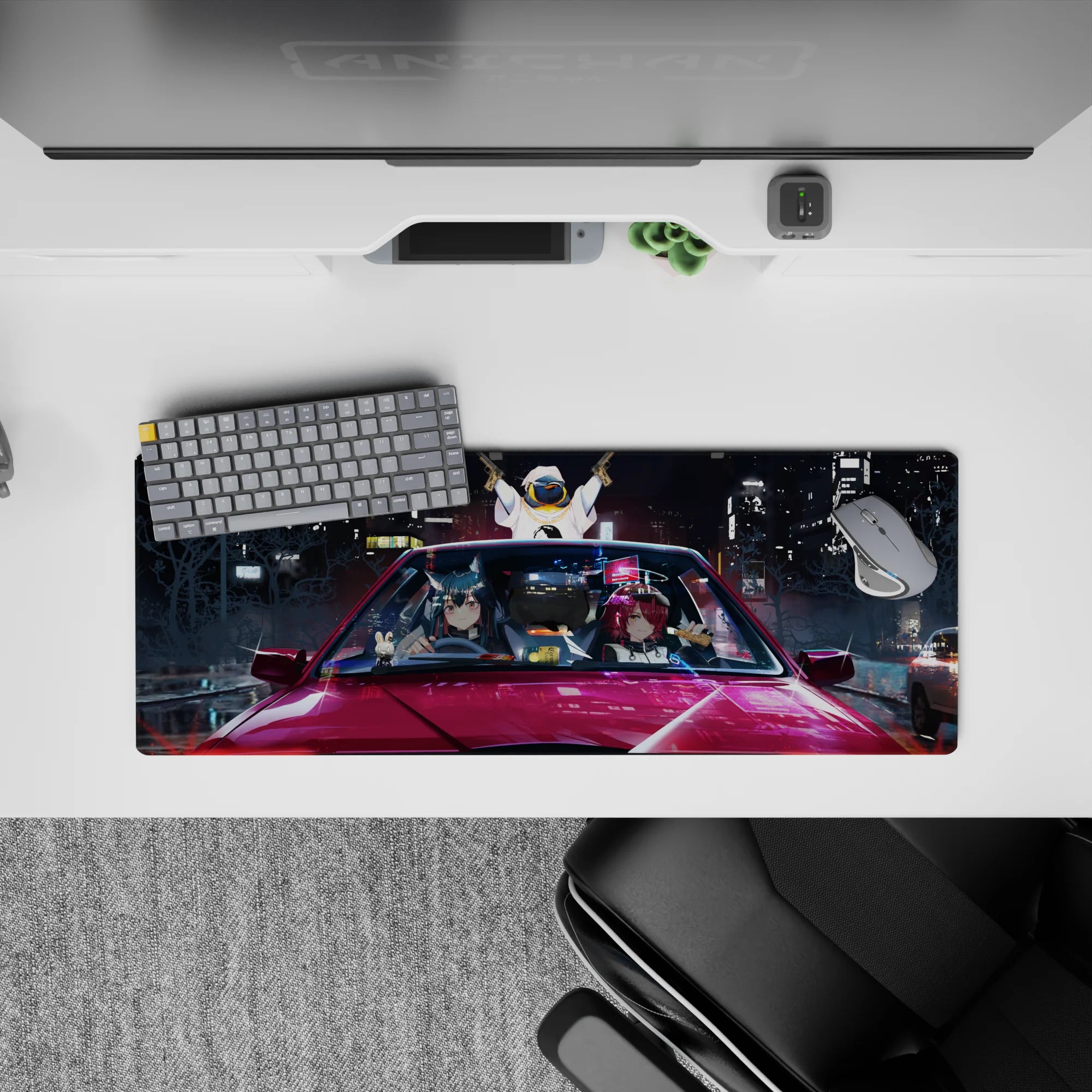 Anime girl mouse pad 32x12 inches in blue, magenta, and gold neon glow with late-night arcade mood.