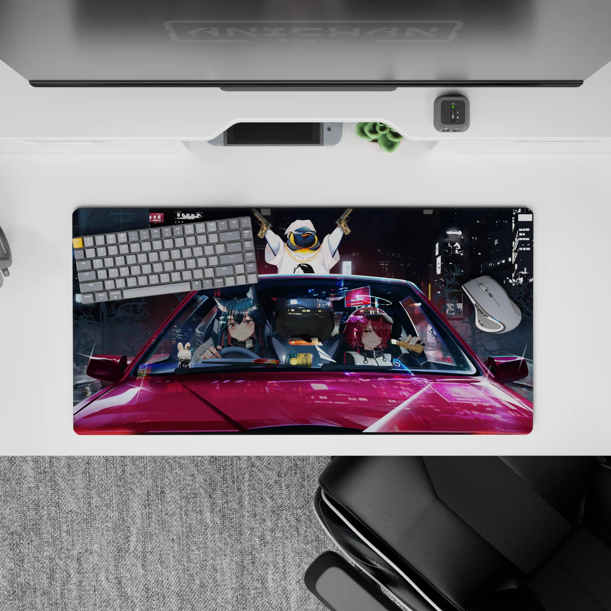 Anime girl mouse pad 32x16 inches in blue, magenta, and gold neon glow, late-night arcade vibe.