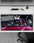 Anime girl mouse pad 32x16 inches in blue, magenta, and gold neon glow, late-night arcade vibe.
