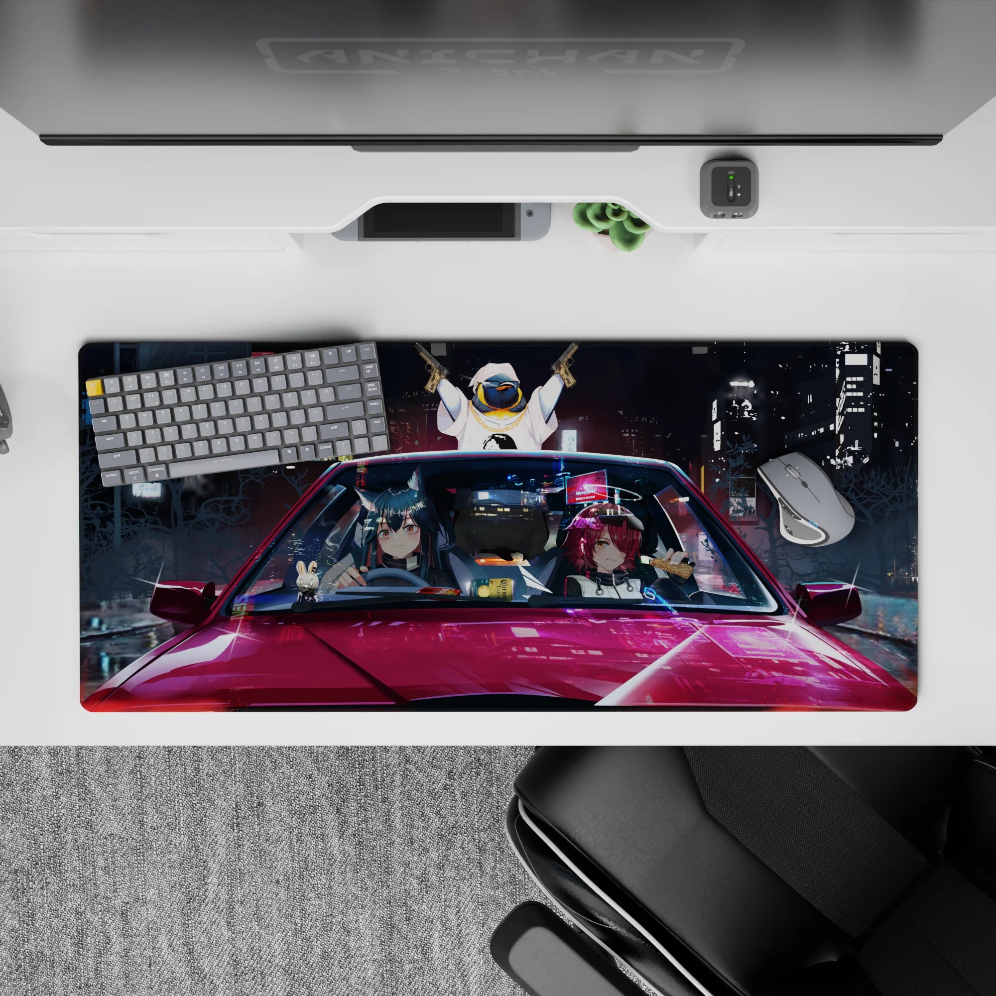 Neon night anime desk pad 36x16 inches in blues, magenta, and gold with late-night arcade vibe.
