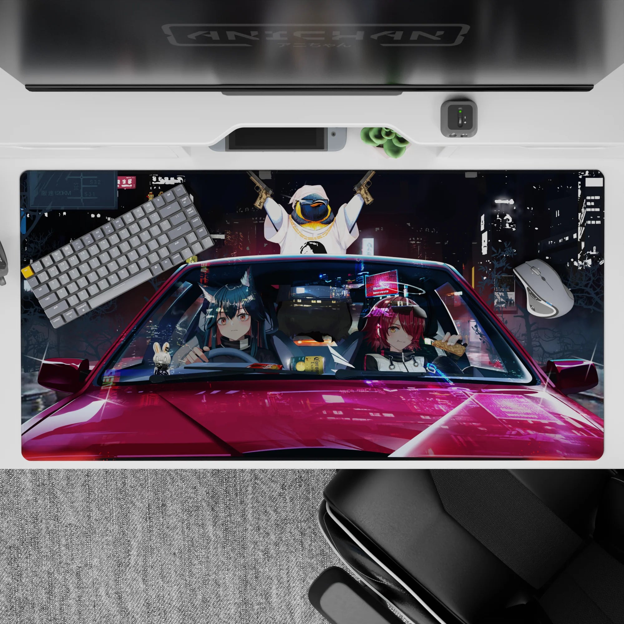 Anime girl desk pad 40x20 inches in blue, magenta, and gold neon glow with late-night arcade vibe.