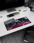 28x12 inches anime girl mouse pad showing two characters cruising in a red car with bunny charm, city lights.
