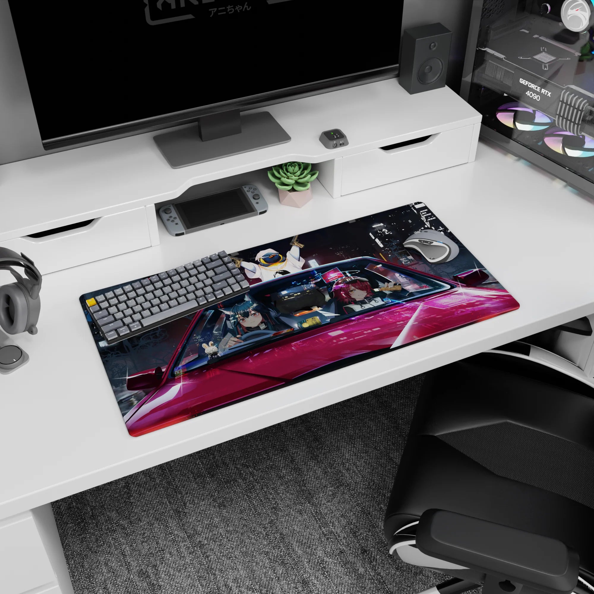 Anime girl mouse pad 32x16 inches featuring anime duo cruising at night, bunny charm detail, city lights.