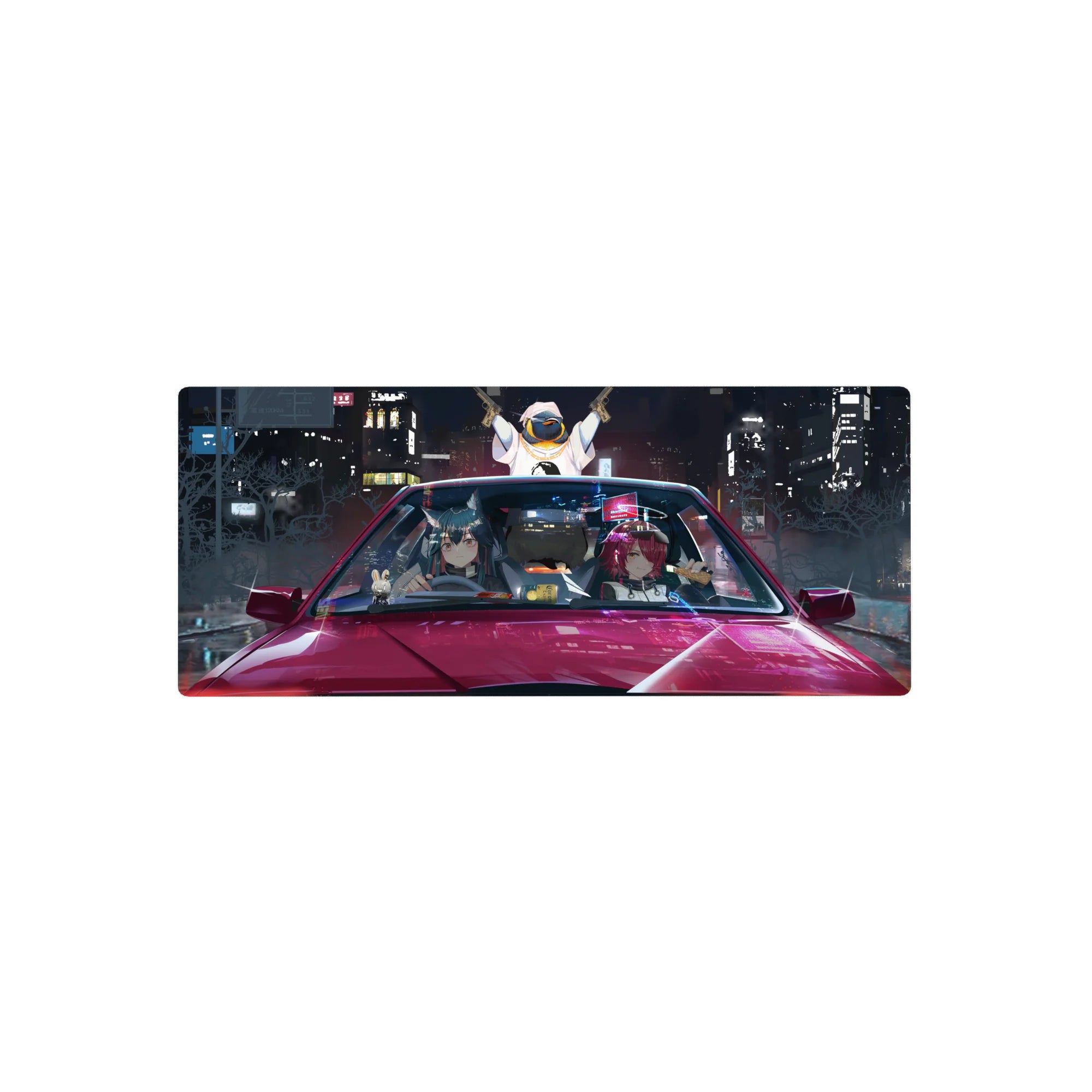 28x12 inches anime girl mouse pad with mischievous duo in glossy red car, neon city street-racer art.