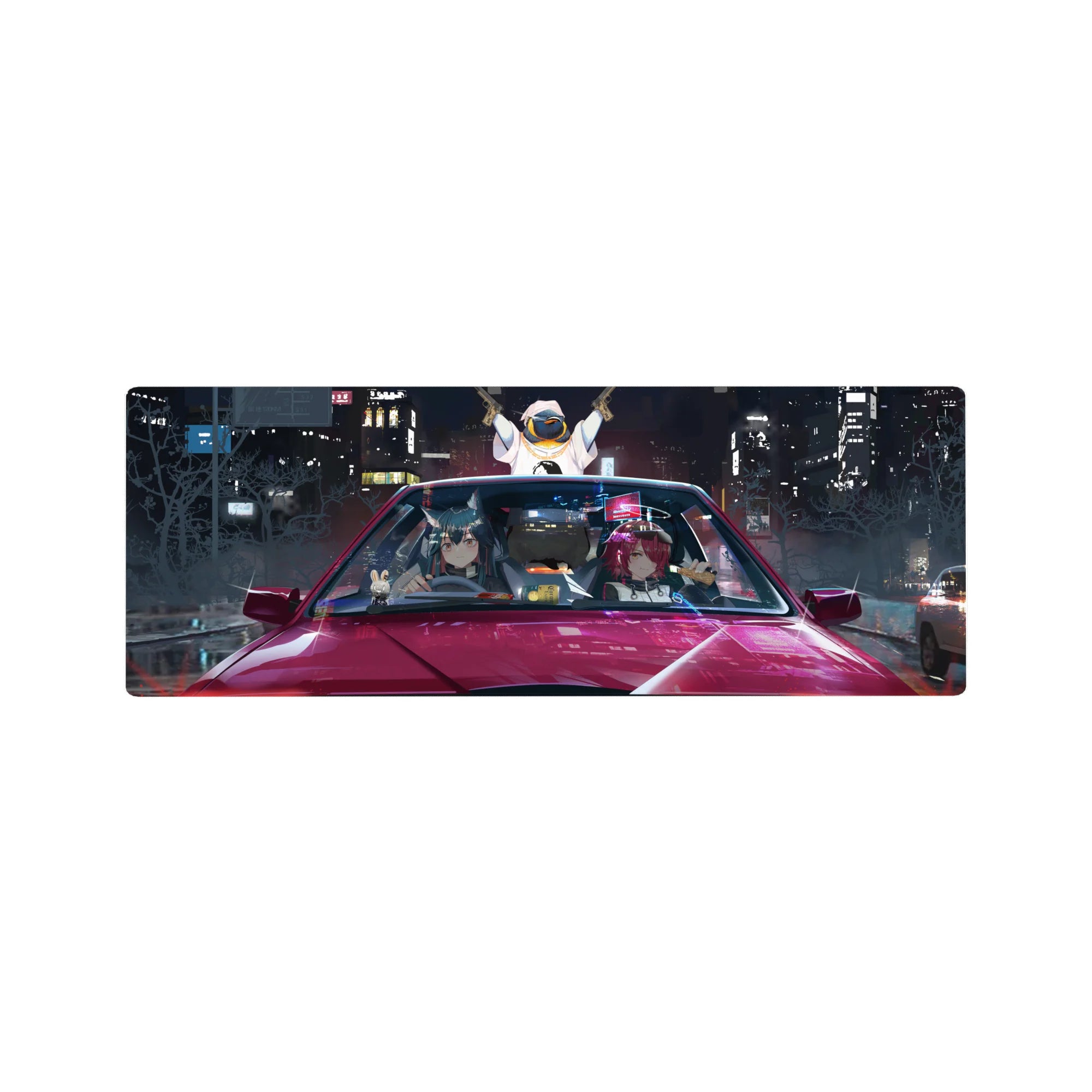 Anime girl mouse pad 32x12 inches with duo in glossy red car, neon city windshield reflections.