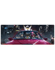 Anime girl mouse pad 32x12 inches with duo in glossy red car, neon city windshield reflections.