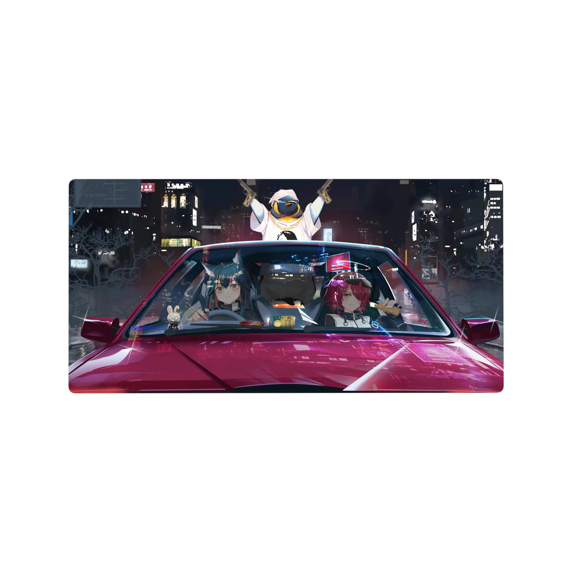 Anime girl mouse pad 32x16 inches with mischievous duo in glossy red car, neon city street-racer art.