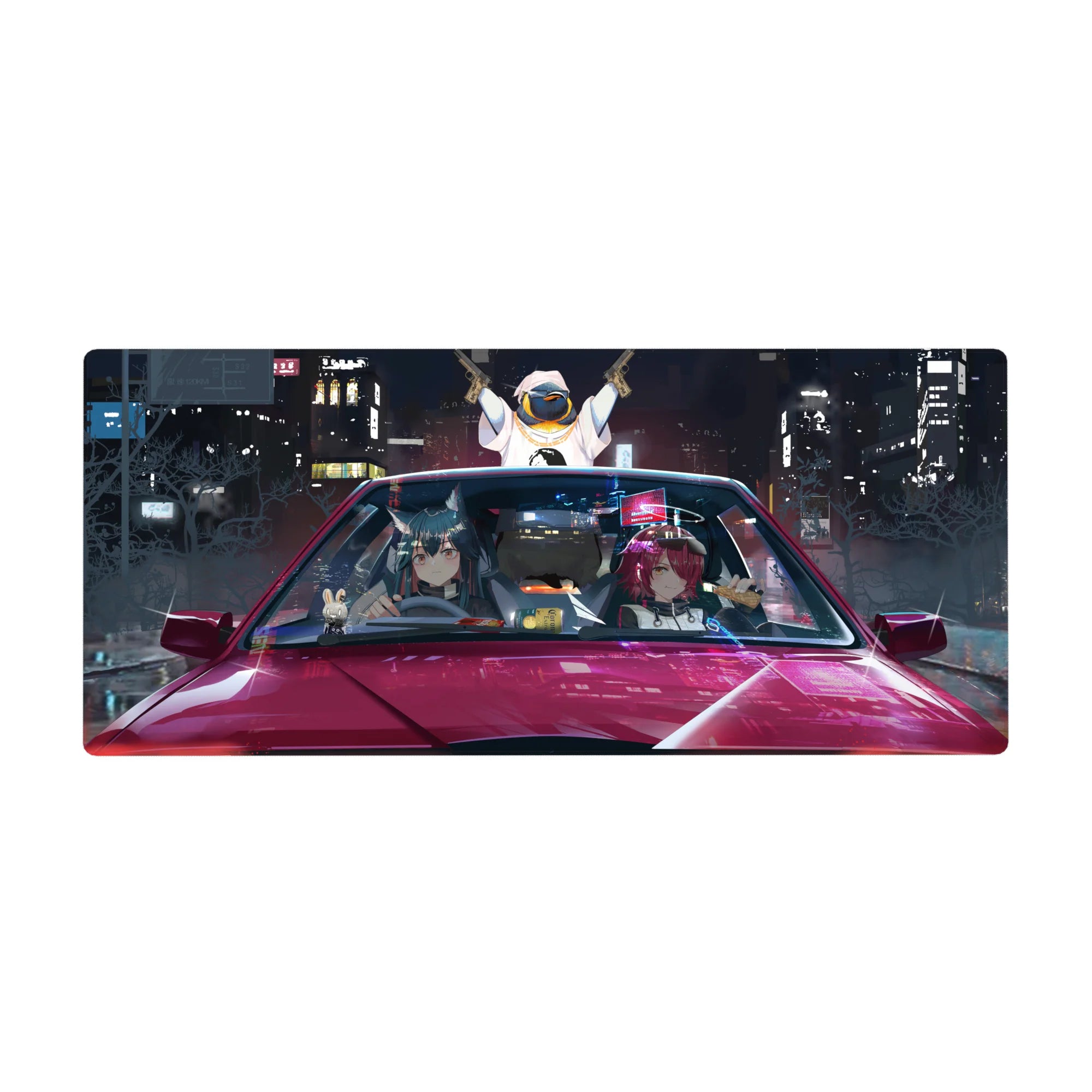 Anime girl desk pad 36x16 inches with mischievous duo in glossy red car, neon city street-racer art.