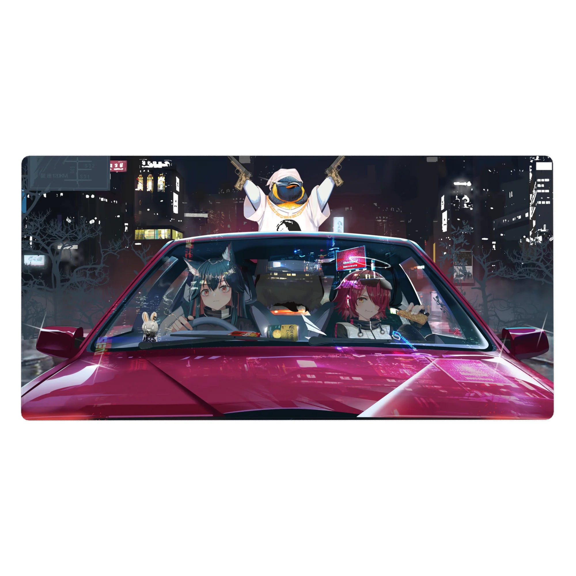 Anime girl desk pad 40x20 inches with mischievous duo in glossy red car, neon city street racer art.