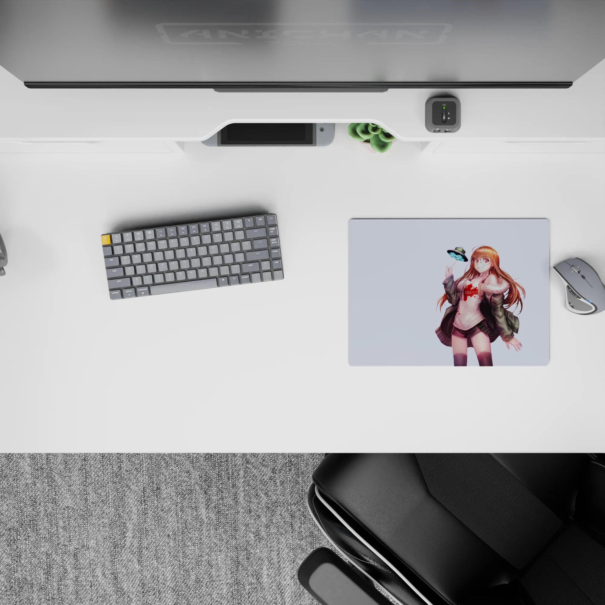 Cute sci-fi anime mouse pad 14x10 inches in soft lavender with warm reds, muted greens, airy vibe.