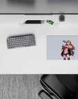 Cute sci-fi anime mouse pad 14x10 inches in soft lavender with warm reds, muted greens, airy vibe.