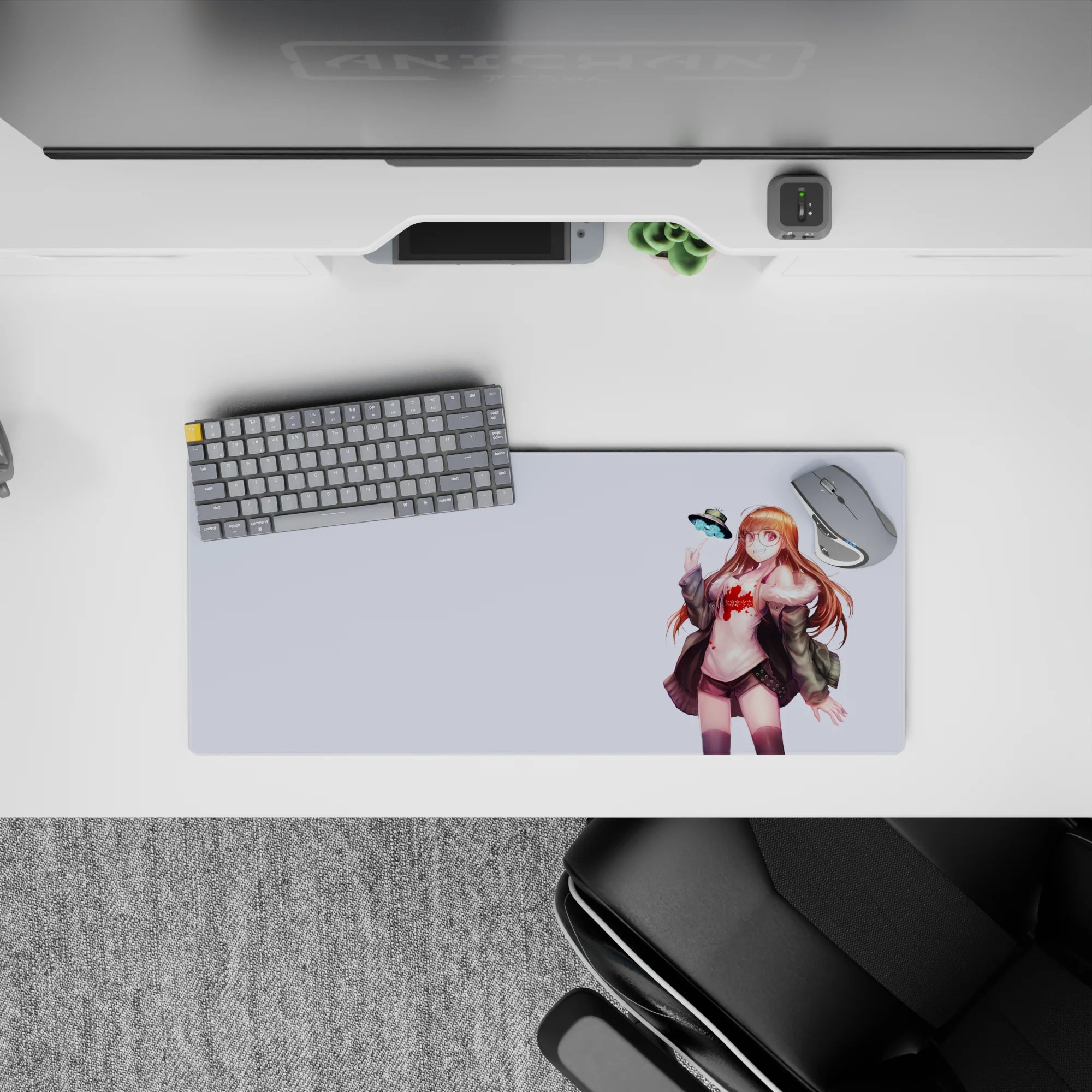 28x12 inches anime desk mat in warm reds and muted greens, cute sci-fi sparkle, soft airy lavender space.