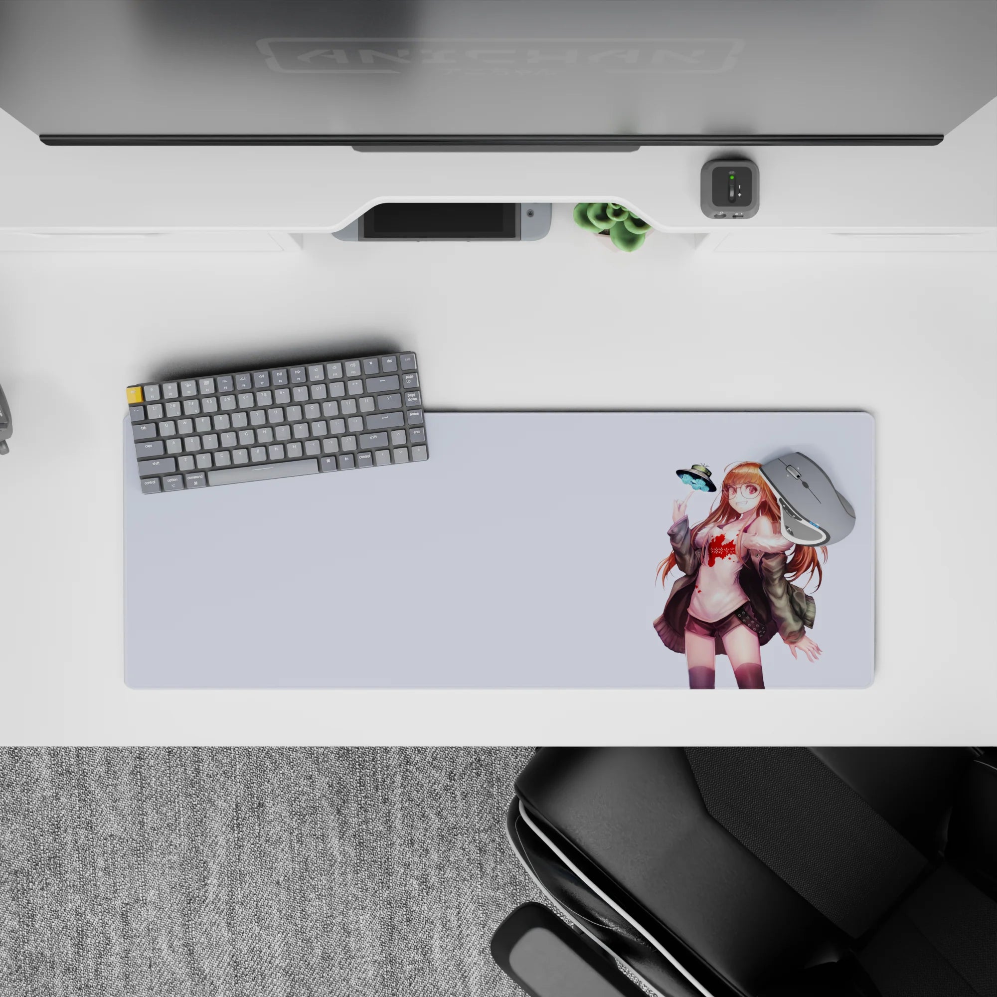 Cute sci-fi anime girl mouse pad 32x12 inches in warm reds, muted greens, and soft lavender, airy vibe.