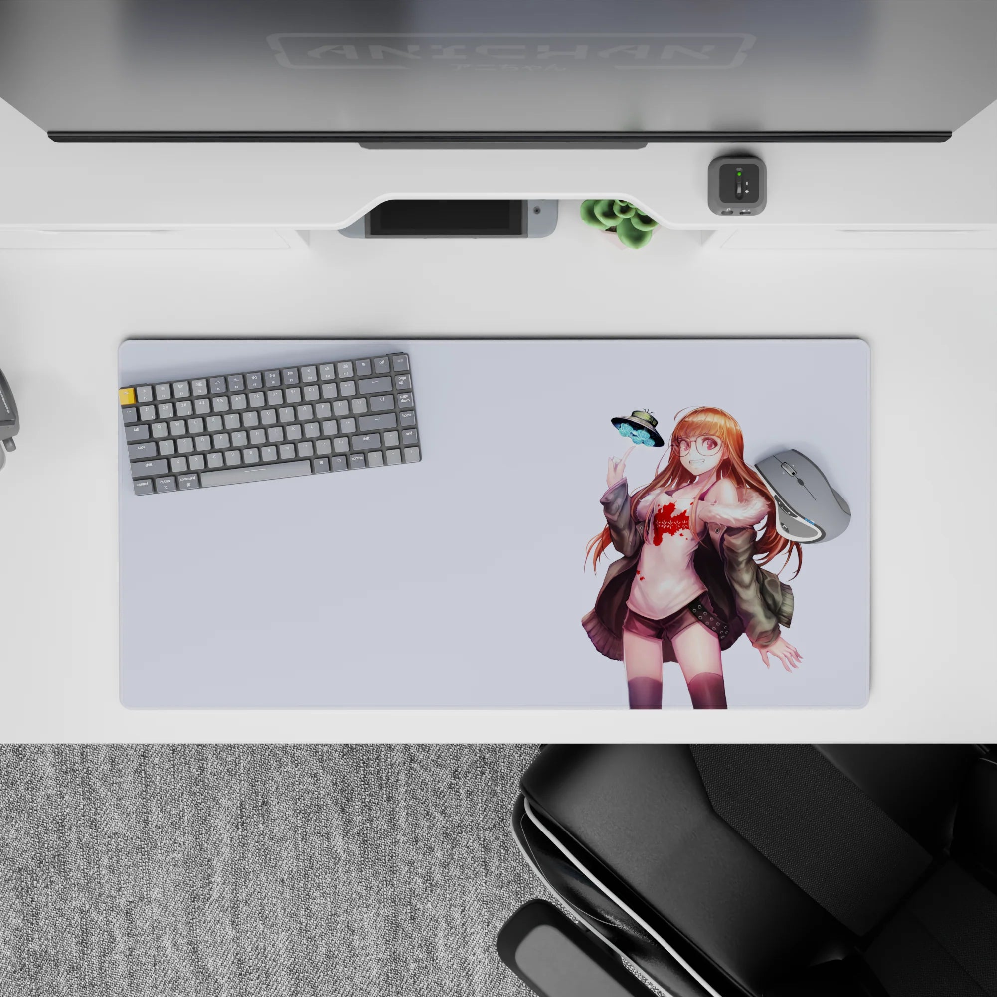 32x16 inches anime desk mat in soft lavender space, warm reds, muted greens, cute sci-fi sparkle.