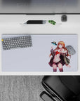 32x16 inches anime desk mat in soft lavender space, warm reds, muted greens, cute sci-fi sparkle.