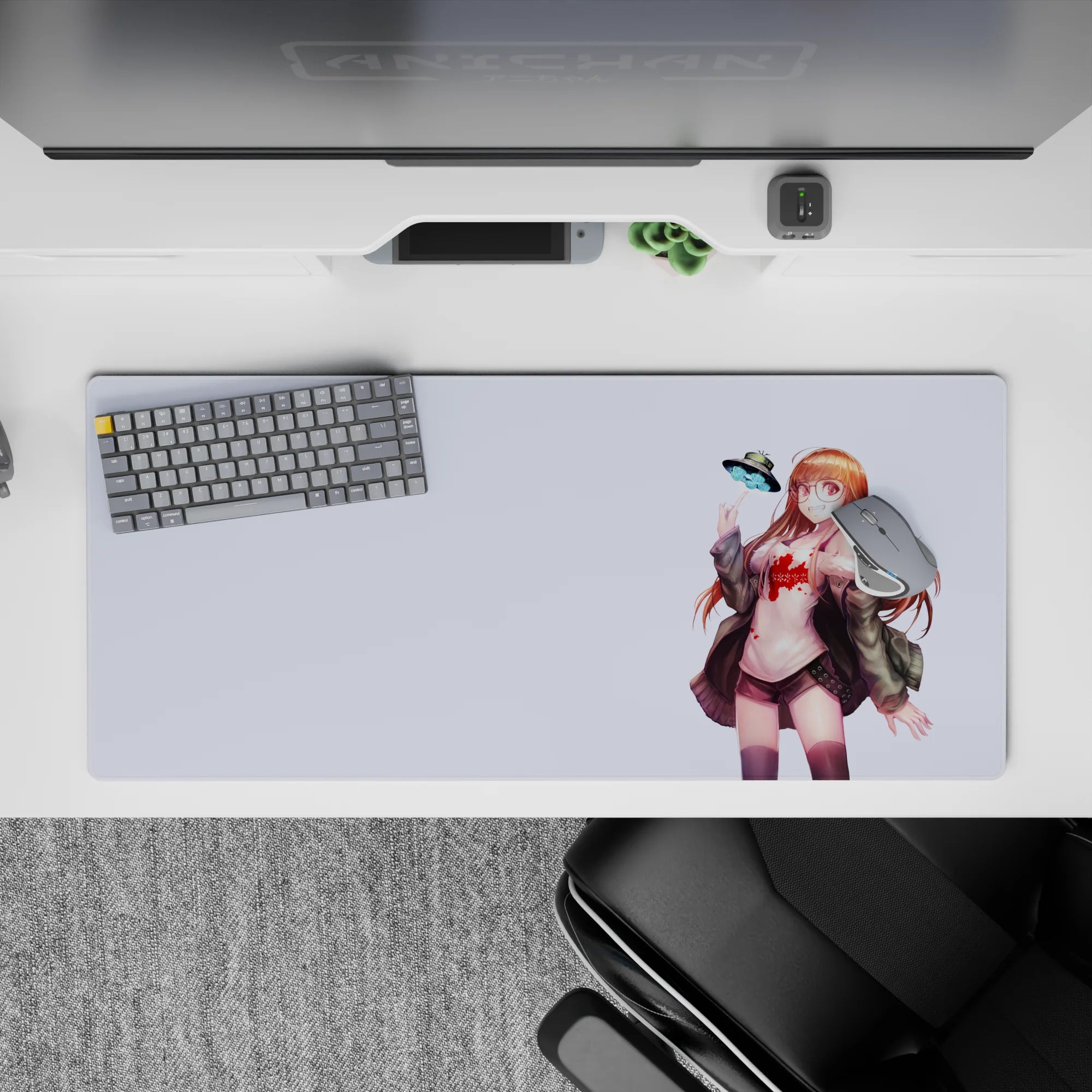 36x16 inches anime desk pad in soft lavender with warm reds, muted greens, and cute sci-fi sparkle vibe.