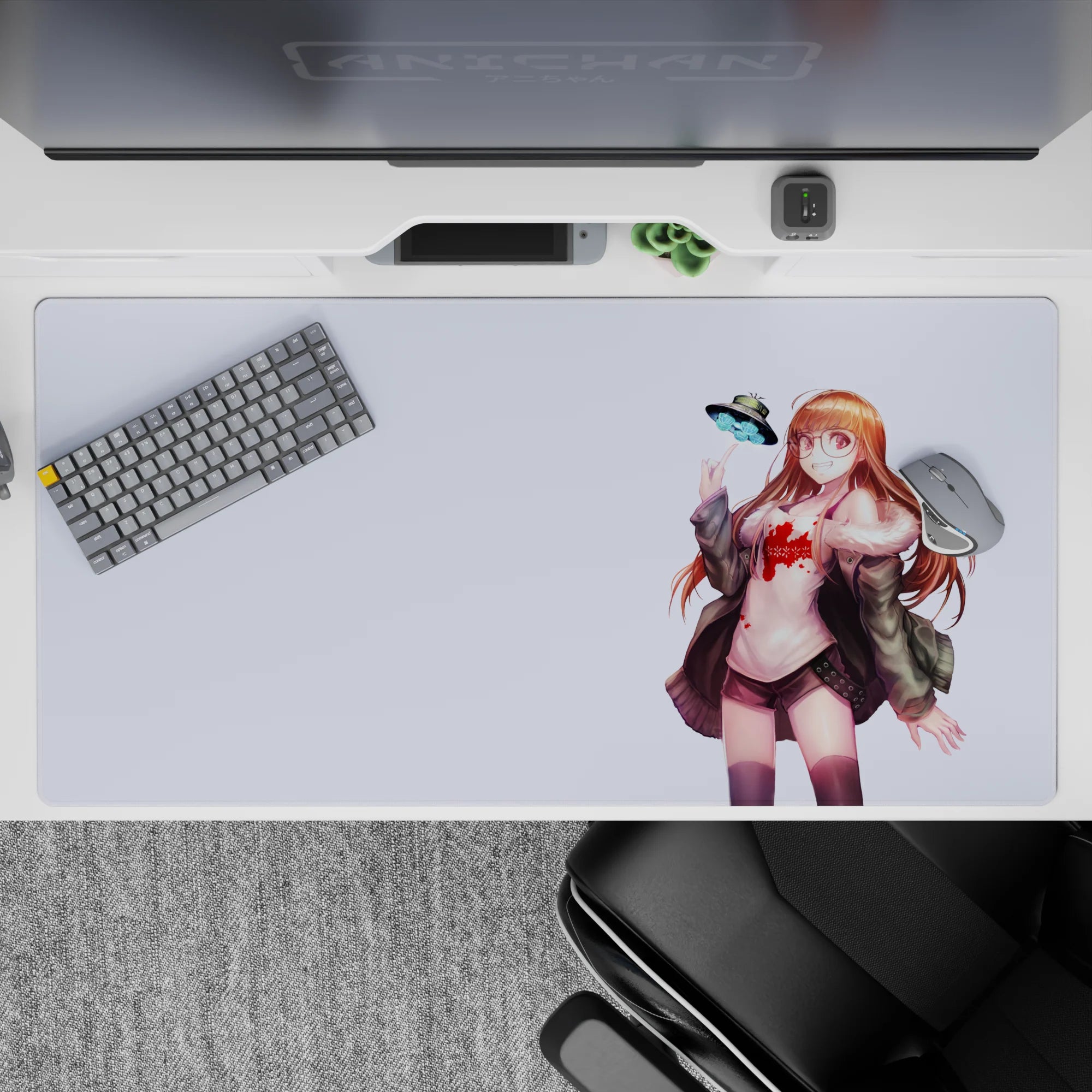 Lavender space anime desk pad 40x20 inches in warm reds and muted greens, sweet sci-fi vibe.