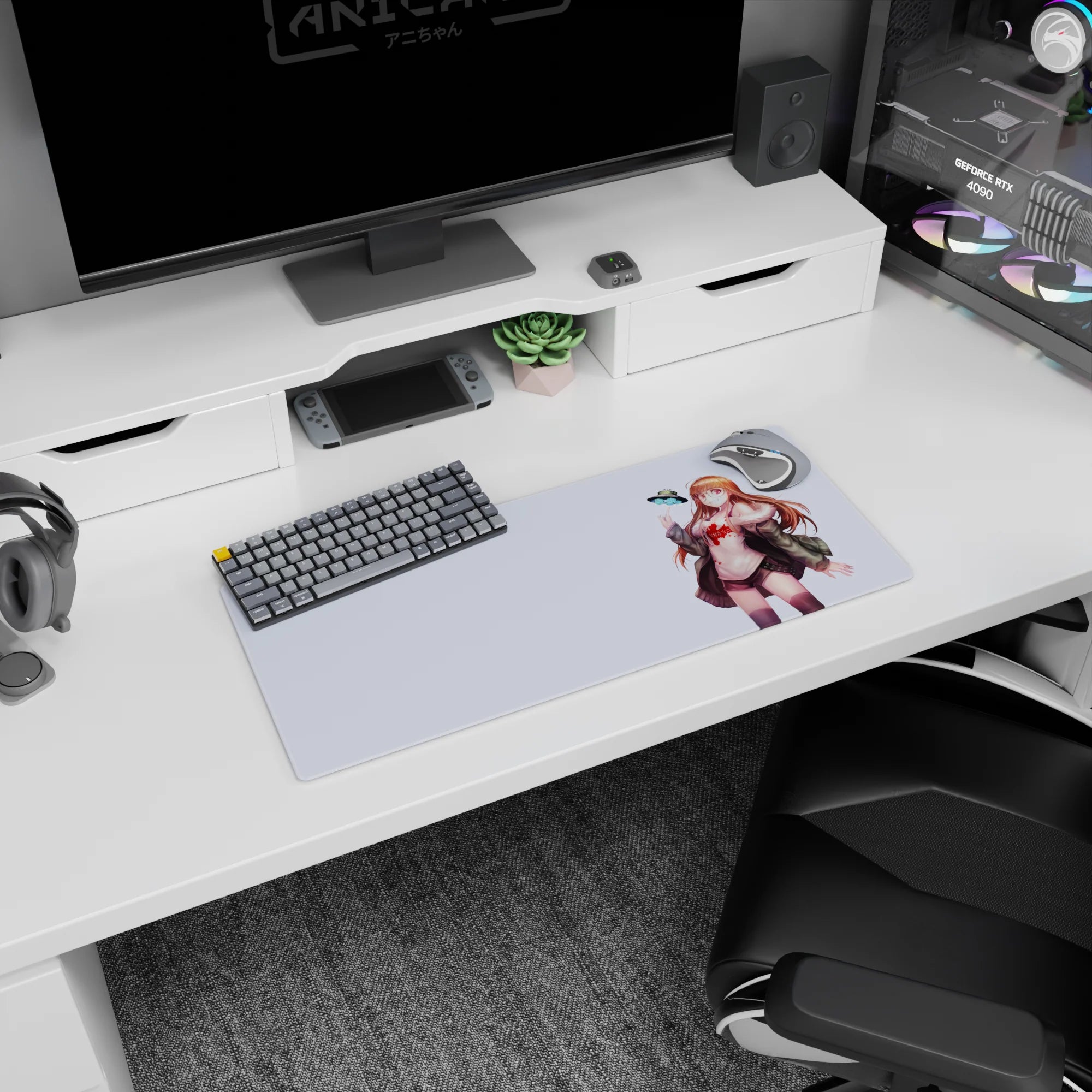 28x12 inches mouse pad showing a smiling glasses girl posing as a small UFO hovers beside her.