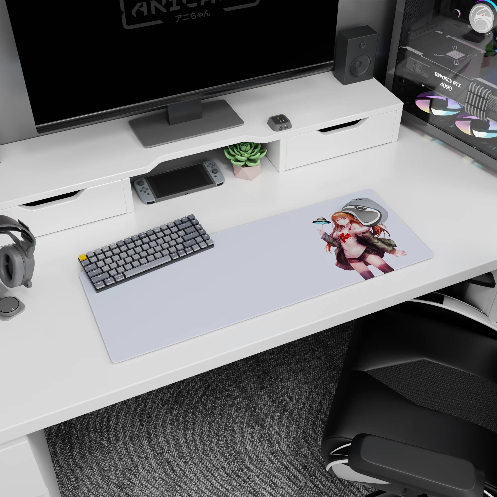 Smiling glasses anime girl with long auburn hair posing beside a hovering mini UFO mouse pad 32x12 inches.