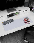 Smiling glasses anime girl with long auburn hair posing beside a hovering mini UFO mouse pad 32x12 inches.