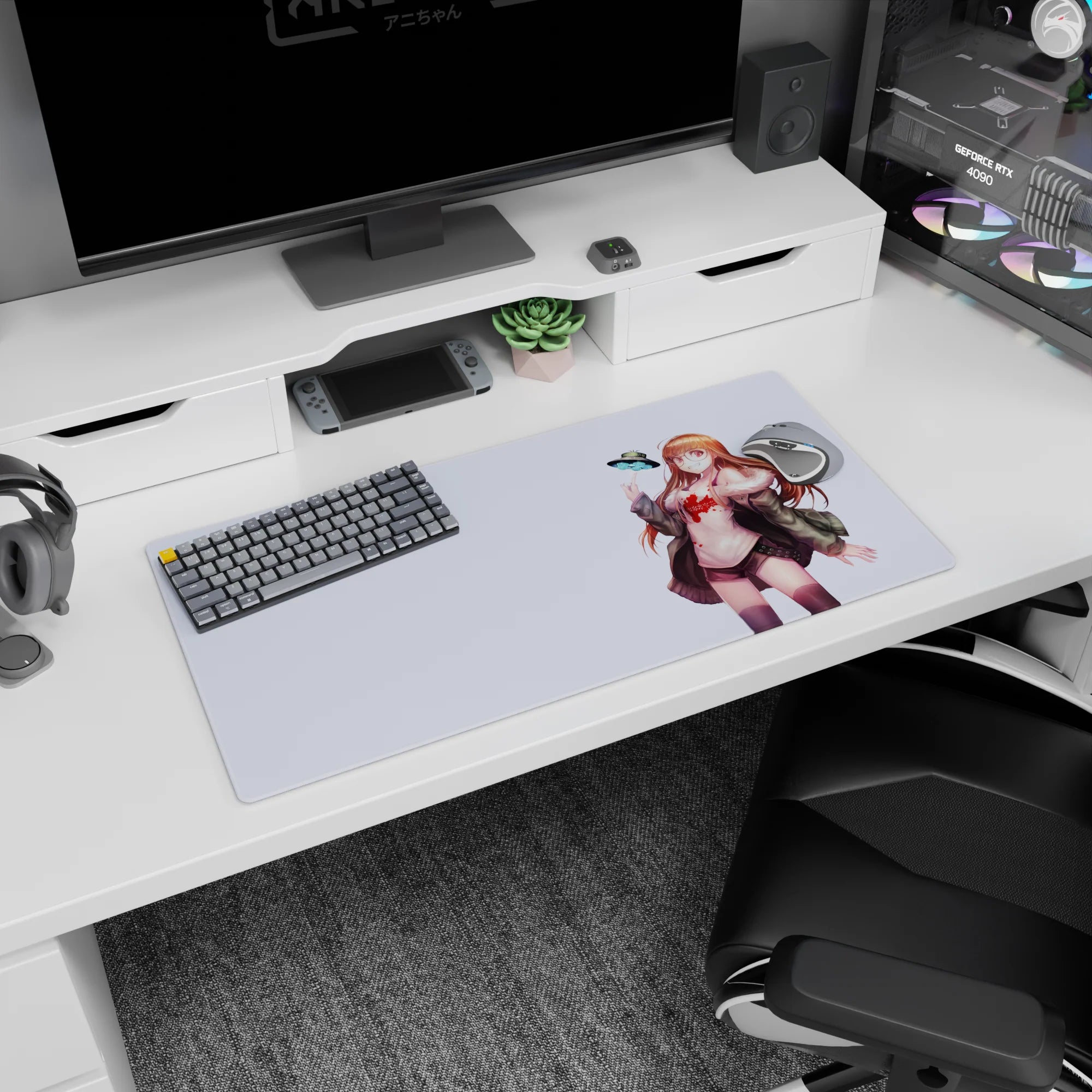 32x16 inches mouse pad showing a smiling glasses girl posing as a mini UFO hovers by her head.