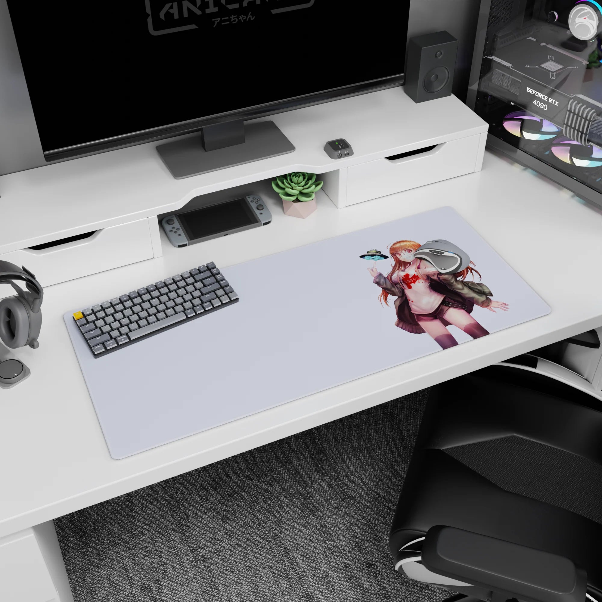 36x16 inches desk pad showing smiling glasses anime girl posing as a tiny UFO hovers like a desk buddy.