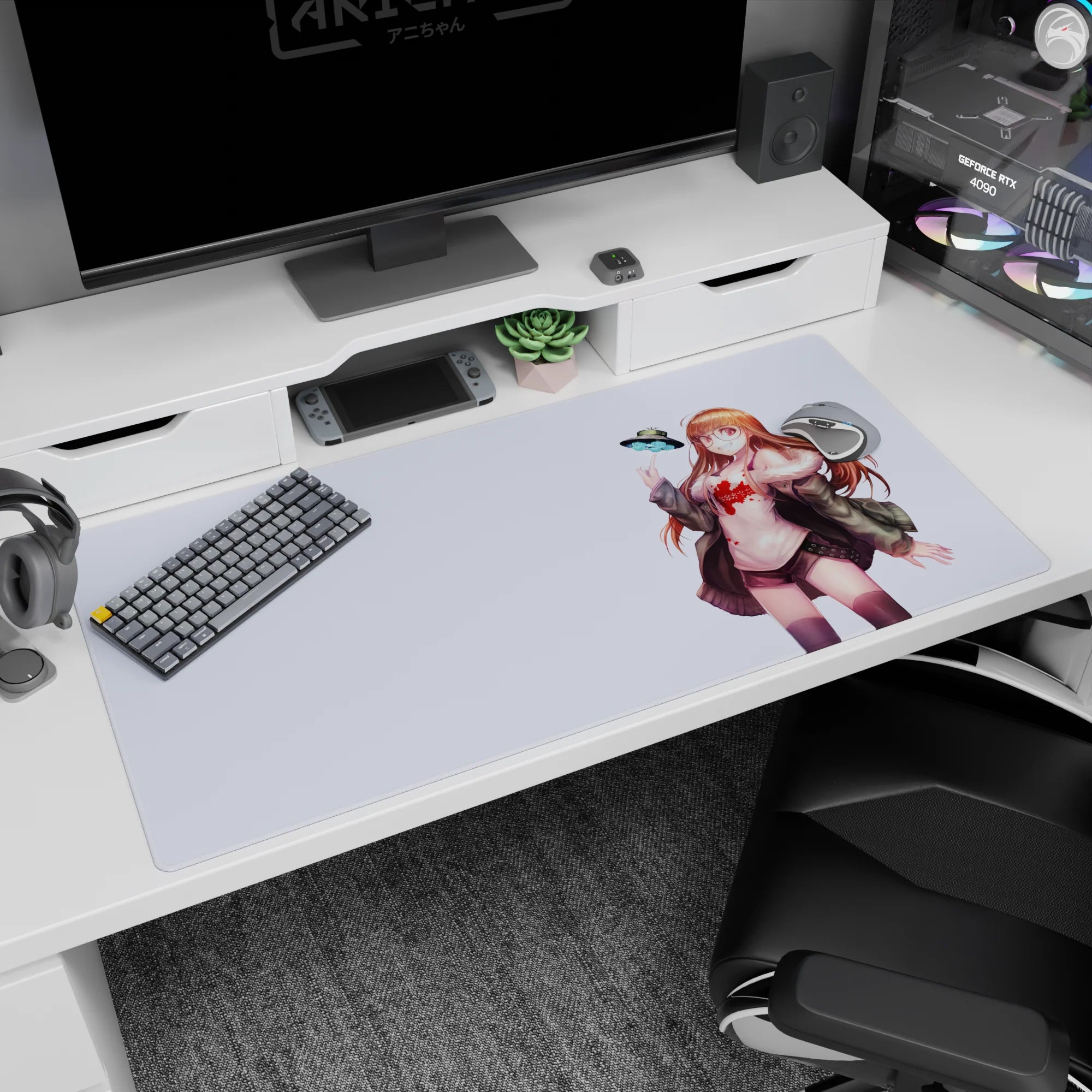 Smiling glasses anime girl posing with a tiny hovering UFO on a 40x20 inches desk pad.