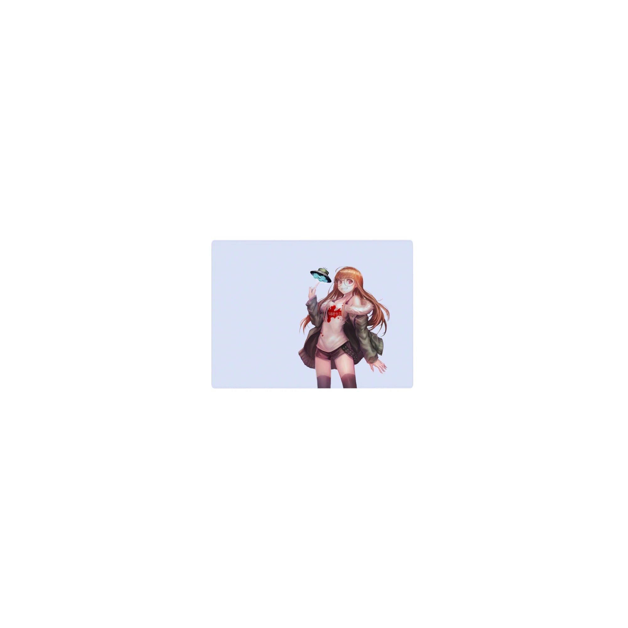Classic anime girl mouse pad 14x10 inches with glasses, auburn hair, cozy jacket, and tiny UFO.