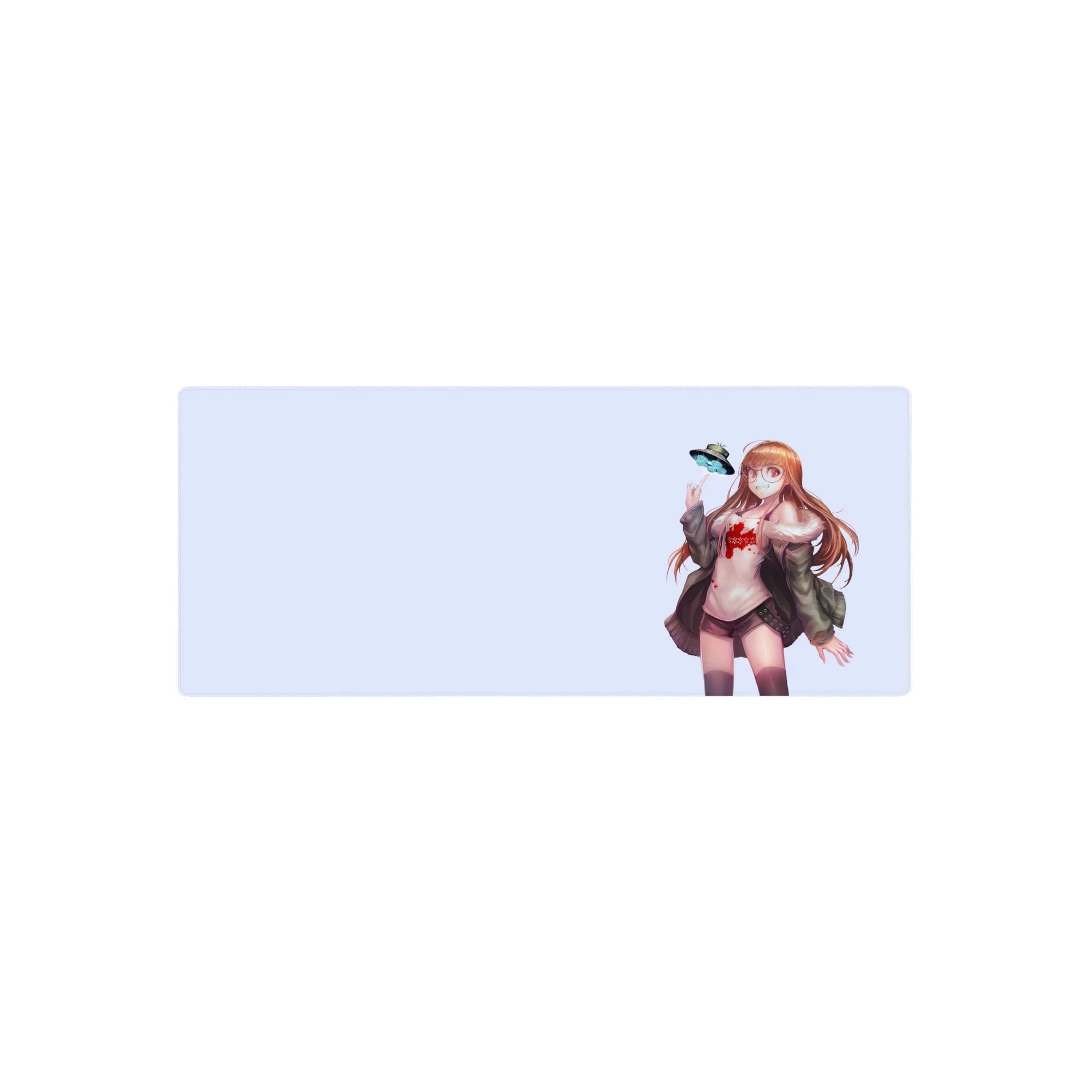 28x12 inches anime girl mouse pad with glasses girl, auburn hair, cozy jacket, and tiny UFO on lavender.